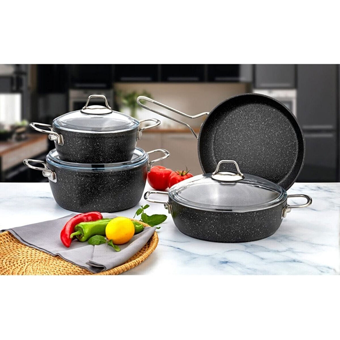 EVIMSARAY S-9108 VITELLA GRANİT SET 7 PRÇ SİYAH