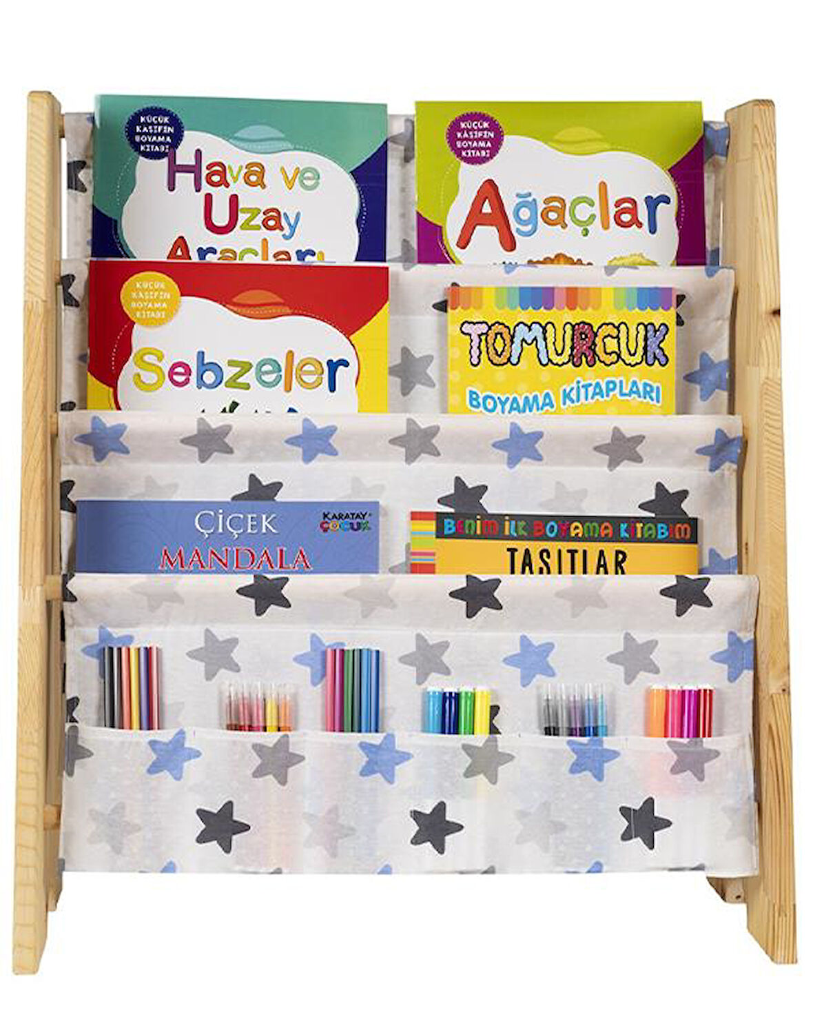 Doğal Ahşap Montessori Çocuk Kitaplığı Mavi Kumaşlı