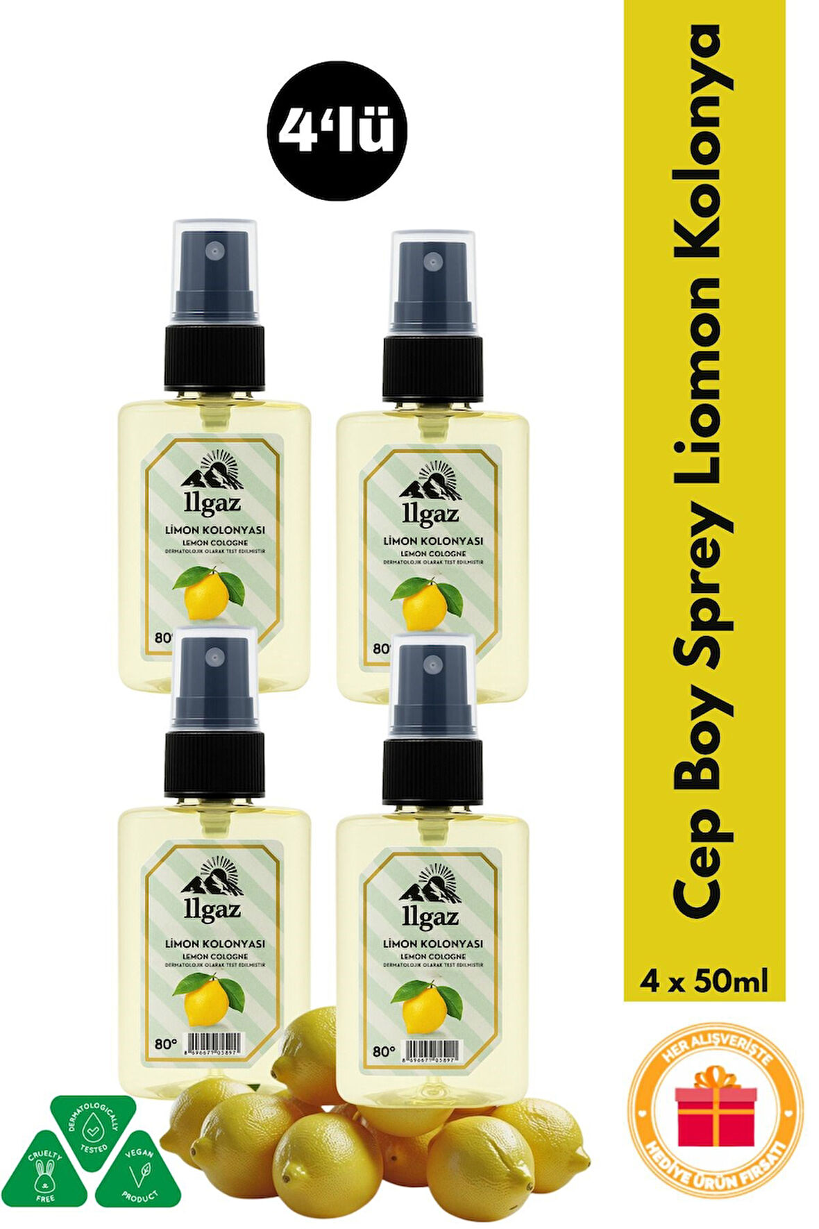 Limon Kolonyası Cep Boy Sprey Kolonya Elegance Series 4'lü Eko Paket - 4x50 ml