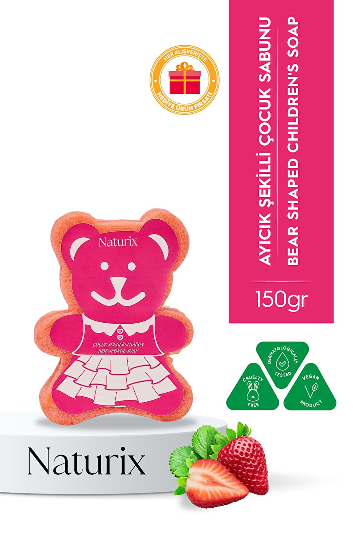 Ayıcık Şekilli Süngerli Çilekli Çocuk Sabunu Hassas Ciltler İçin Yumuşak Bakım - 150 gr