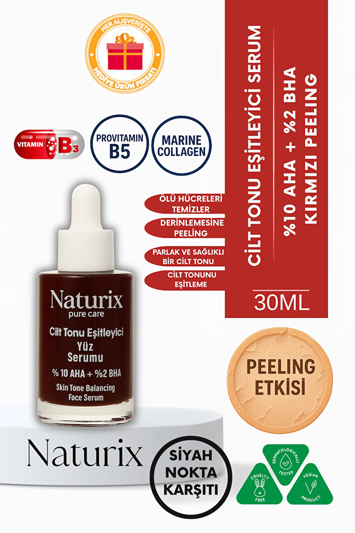 Cilt Tonu Eşitleyici Serum | %10 AHA + %2 BHA | Kırmızı Peeling Etkisi 30 Ml