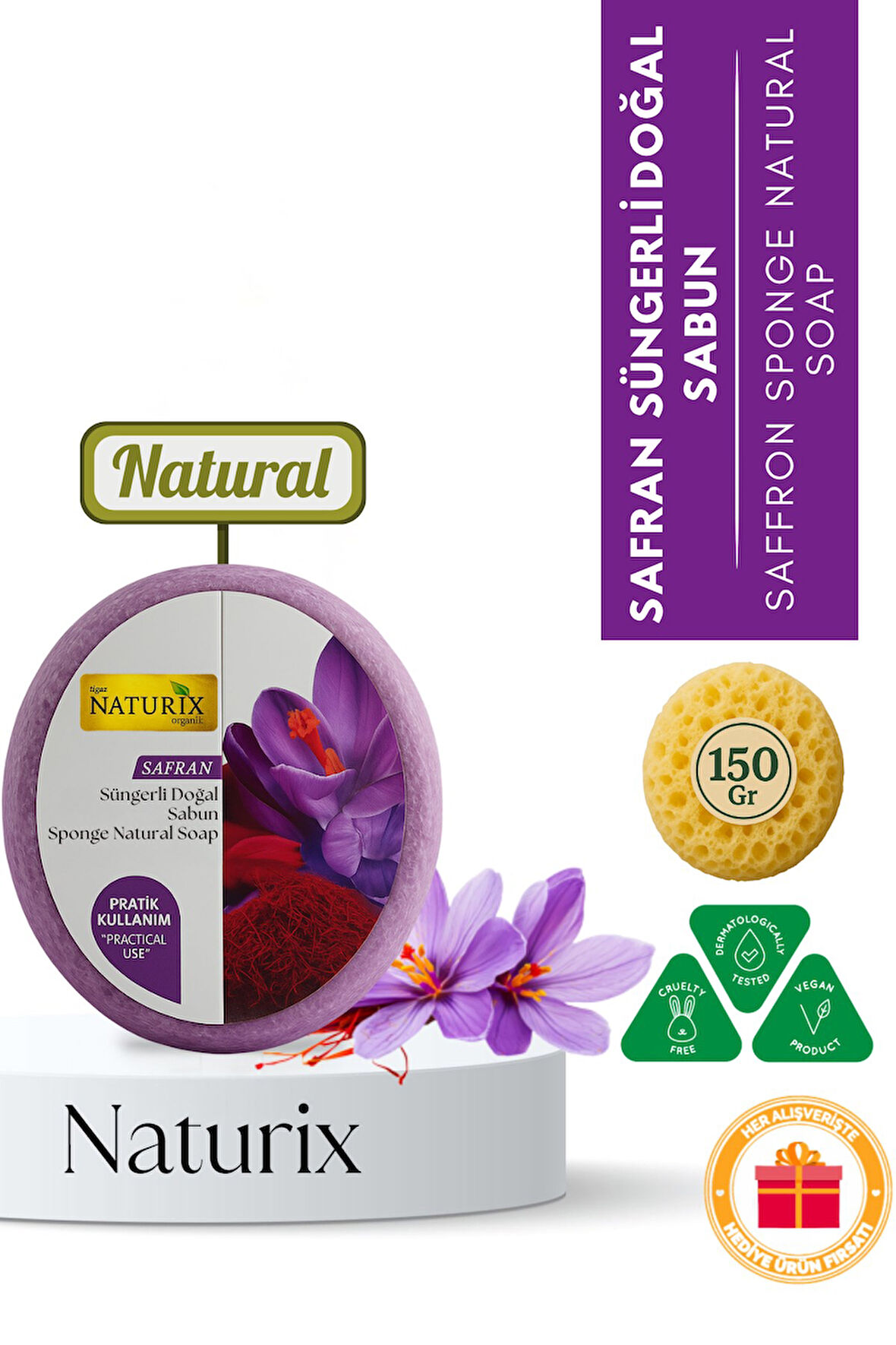 Safran Süngerli Sabun 150 gr | Peeling Etkili & Kırışıklık Önleyici Doğal Bakım