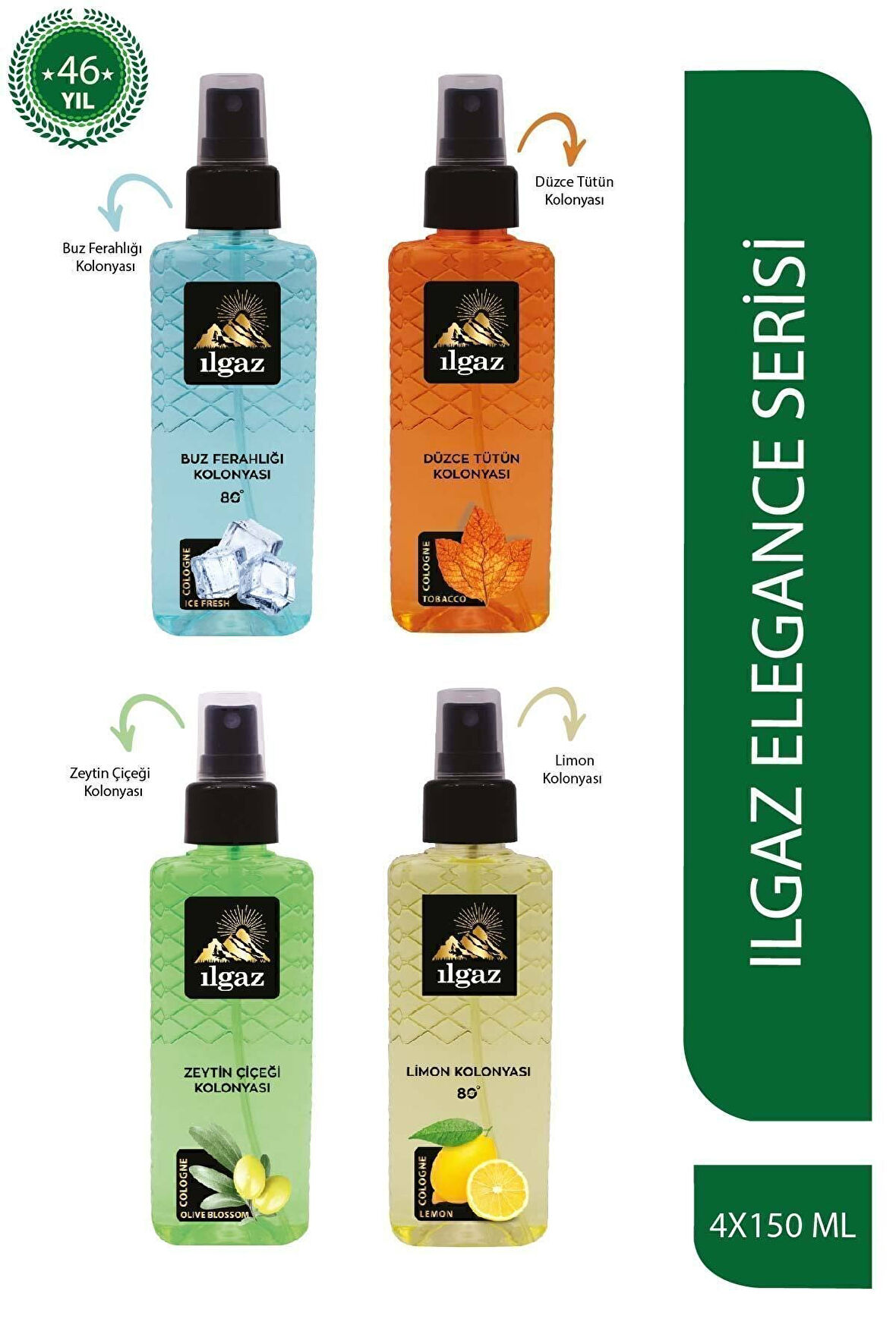 Dörtlü Elegance Series Buz Ferahlığı+Tütün+Zeytin Çiçeği+ Limon Kolonyası 4 X 150 ml Sprey Kolonya