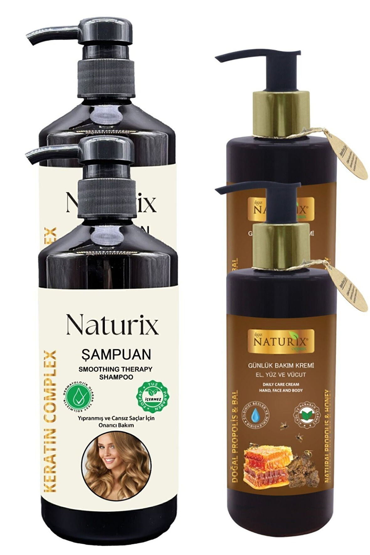 Saç Uzatan Formül Tuzsuz Keratin Şampuan 2 Adet 2 X 600 Ml + Bal & Propolis Nemlendirici Krem 2 Adet