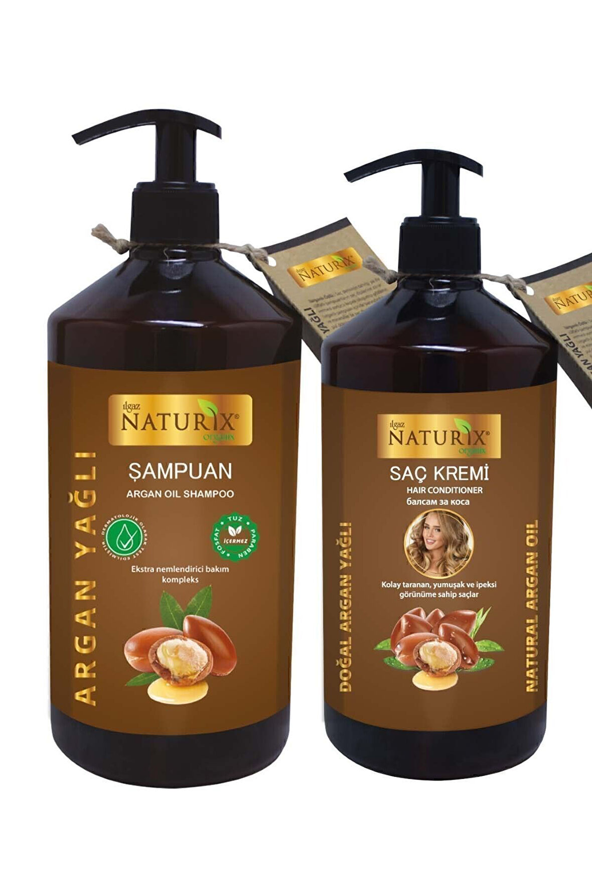 Tuzsuz Şampuan 2'li Doğal Argan Yağlı Şampuan 600 ml 500 ml Argan Yağlı Saç Kremi