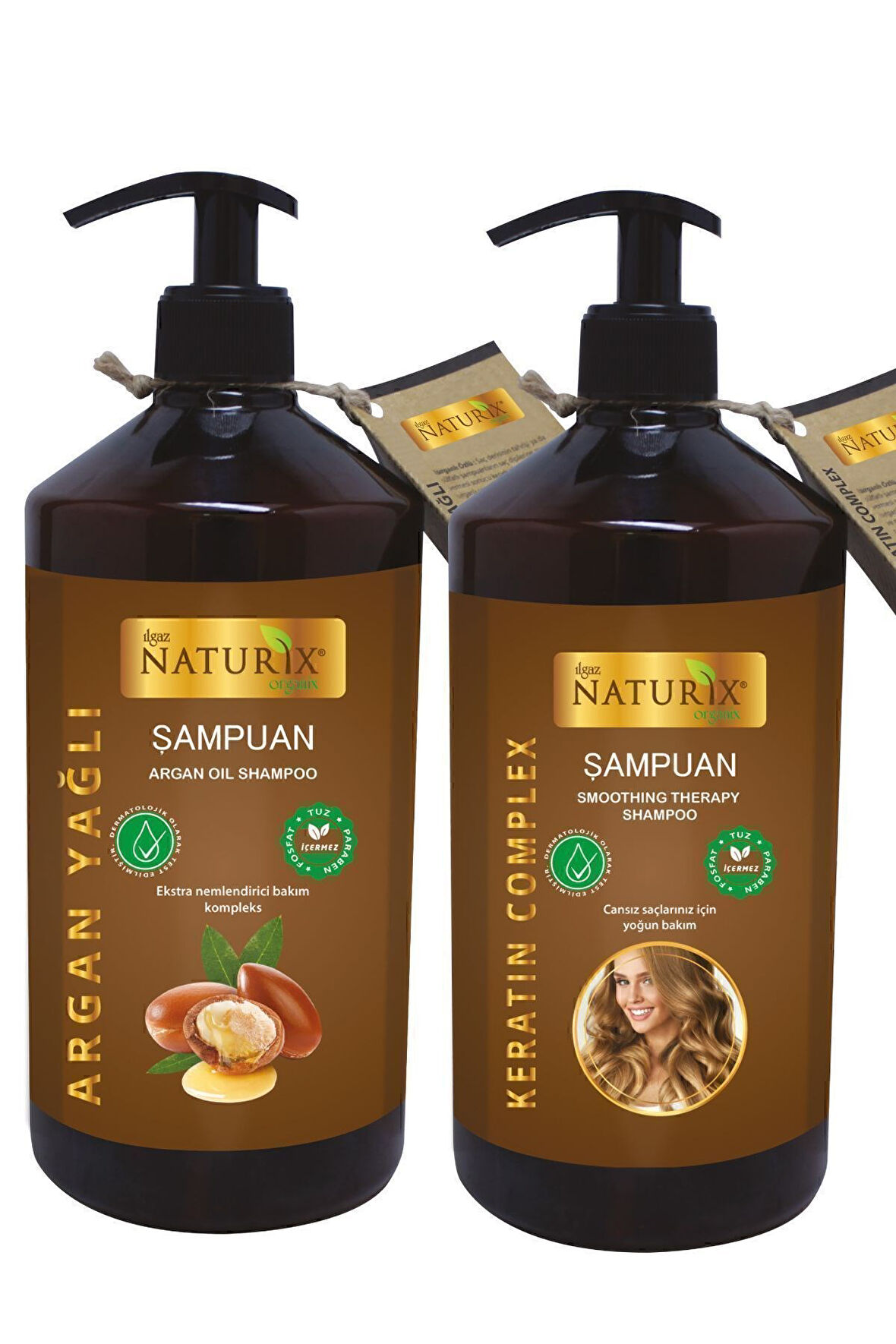 2'li Tuzsuz Argan Yağlı Şampuan + Keratin Şampuan 600 Ml Bitkisel Şampuan Paraben Içermez