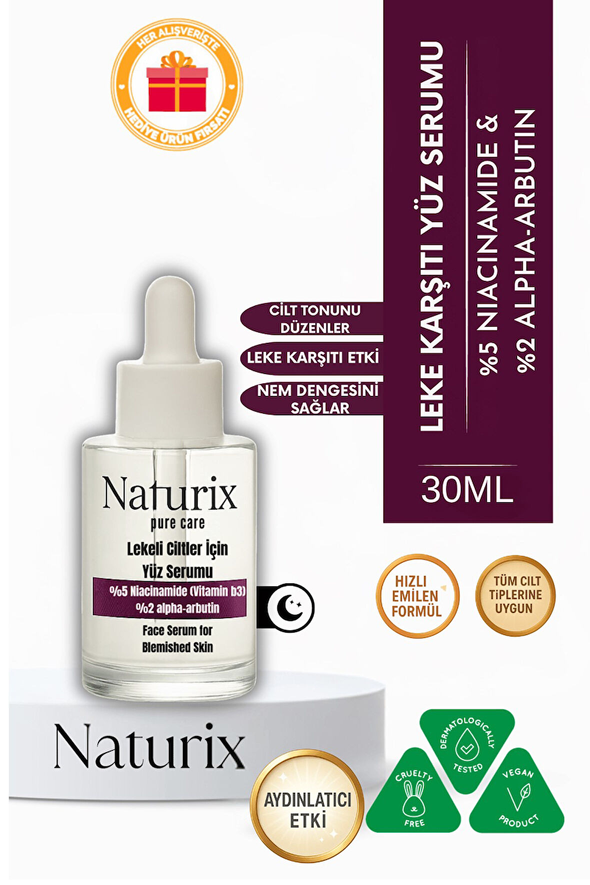 Leke Karşıtı Yüz Serumu | %5 Niacinamide & %2 Alpha-Arbutin | Lekeli Ciltler İçin Etkili Bakım 30ml
