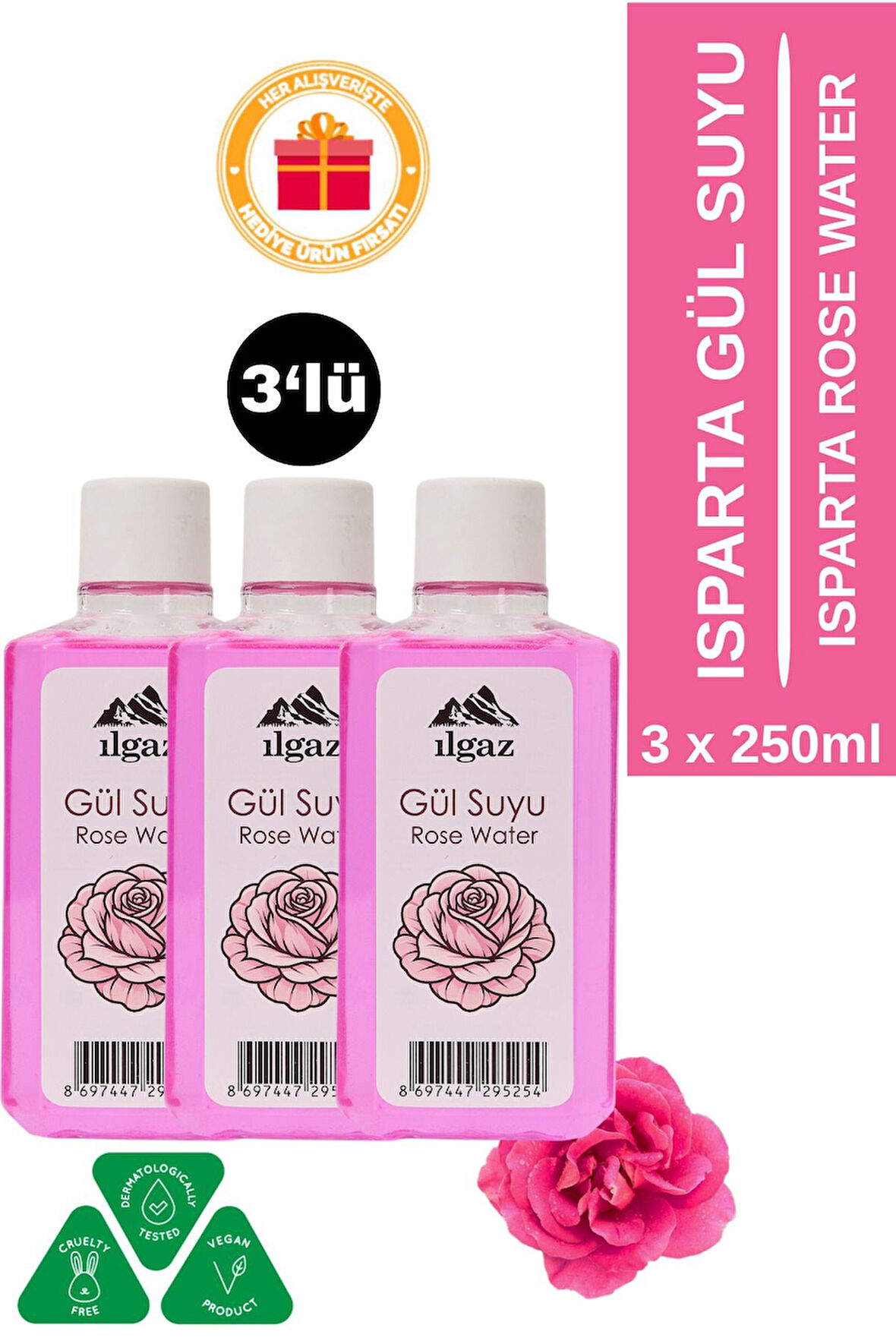 Doğal Gül Suyu 3'lü Eko Paket | Tonik Etkili, Ferahlatıcı ve Canlandırıcı Bakım Çanta Boy - 3X250 ml