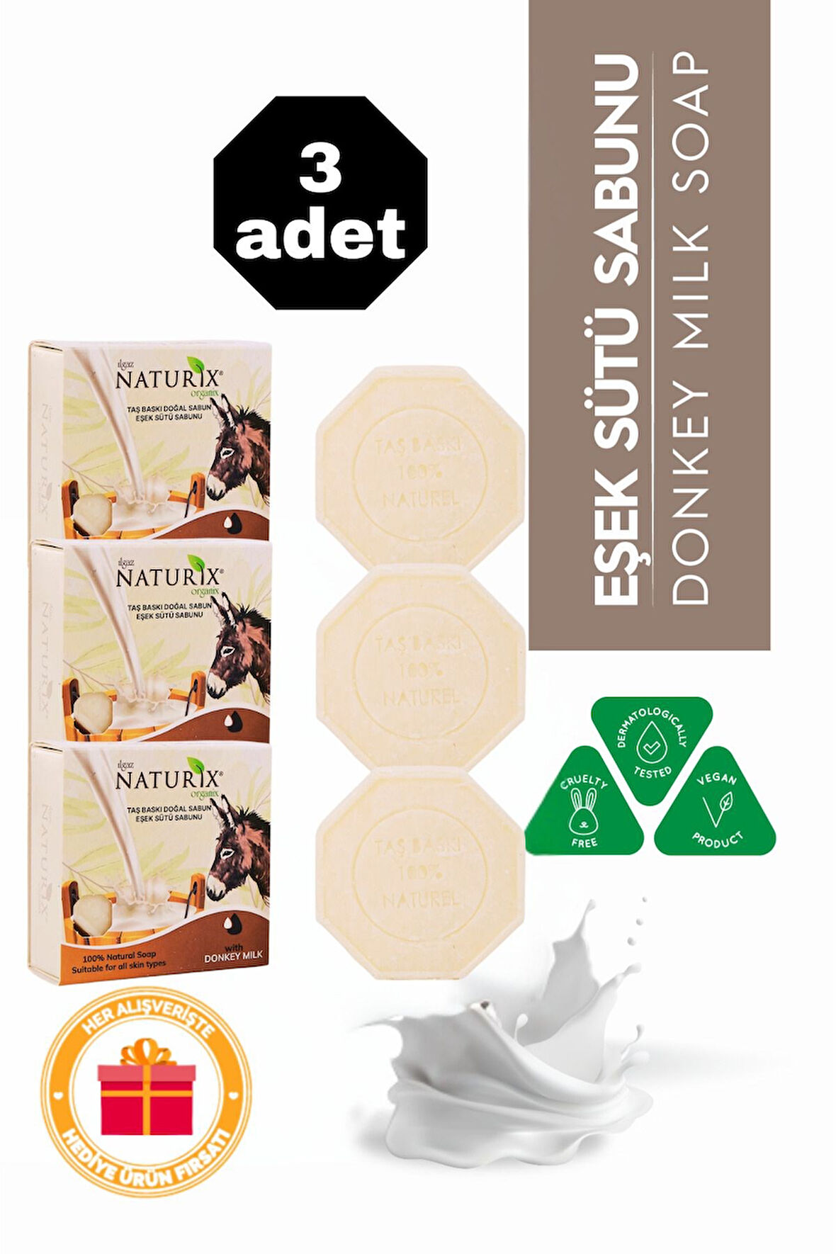 Keçi Sütü Özlü Taş Sabun 3'lü Eko Paket Peeling Etkili ve Cilt Yatıştırıcı Bakım - 3x125 gr