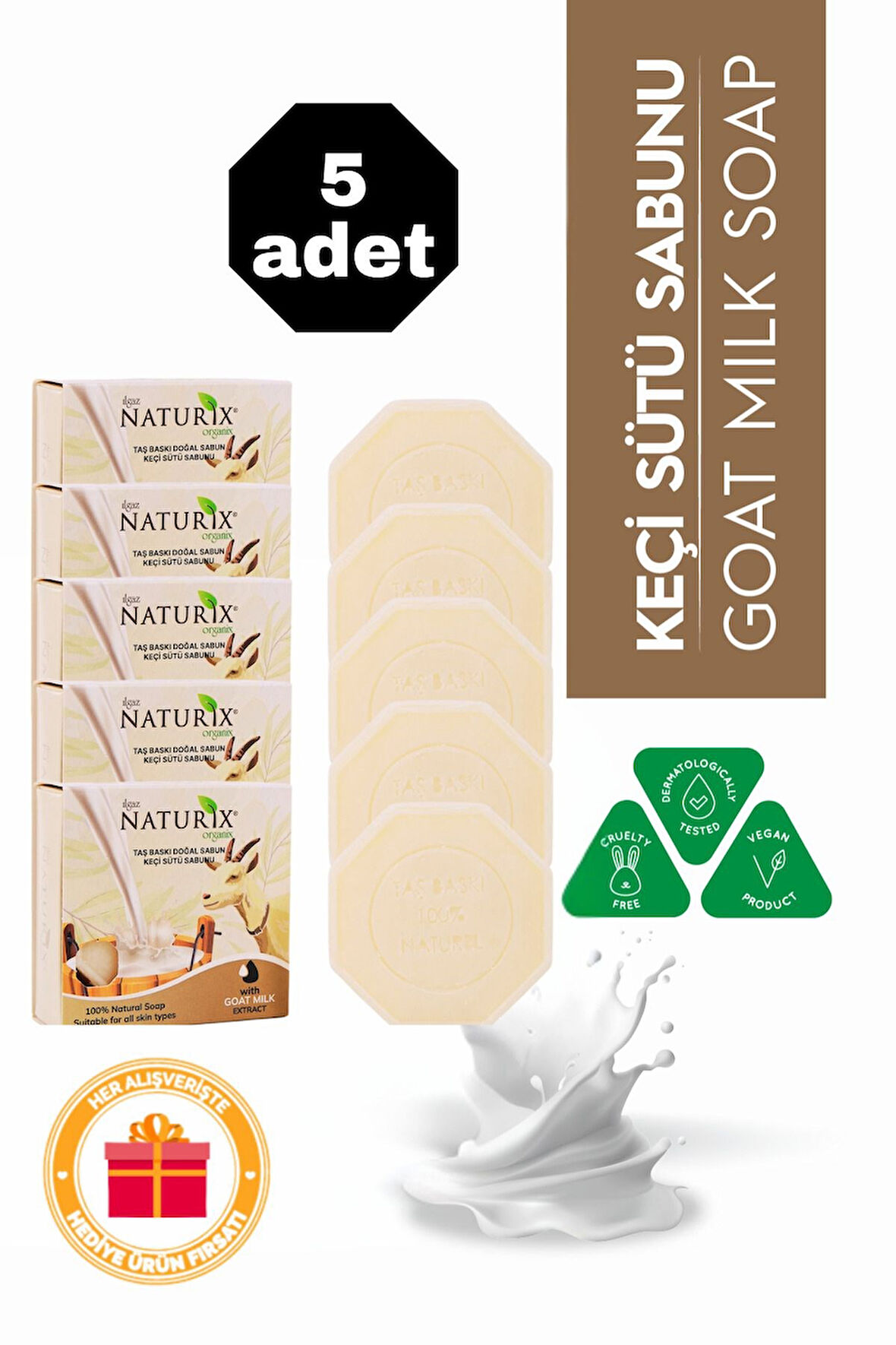 Keçi Sütü Özlü Taş Sabun 5'li Eko Paket Peeling Etkili ve Cilt Yatıştırıcı Bakım - 5x125 gr