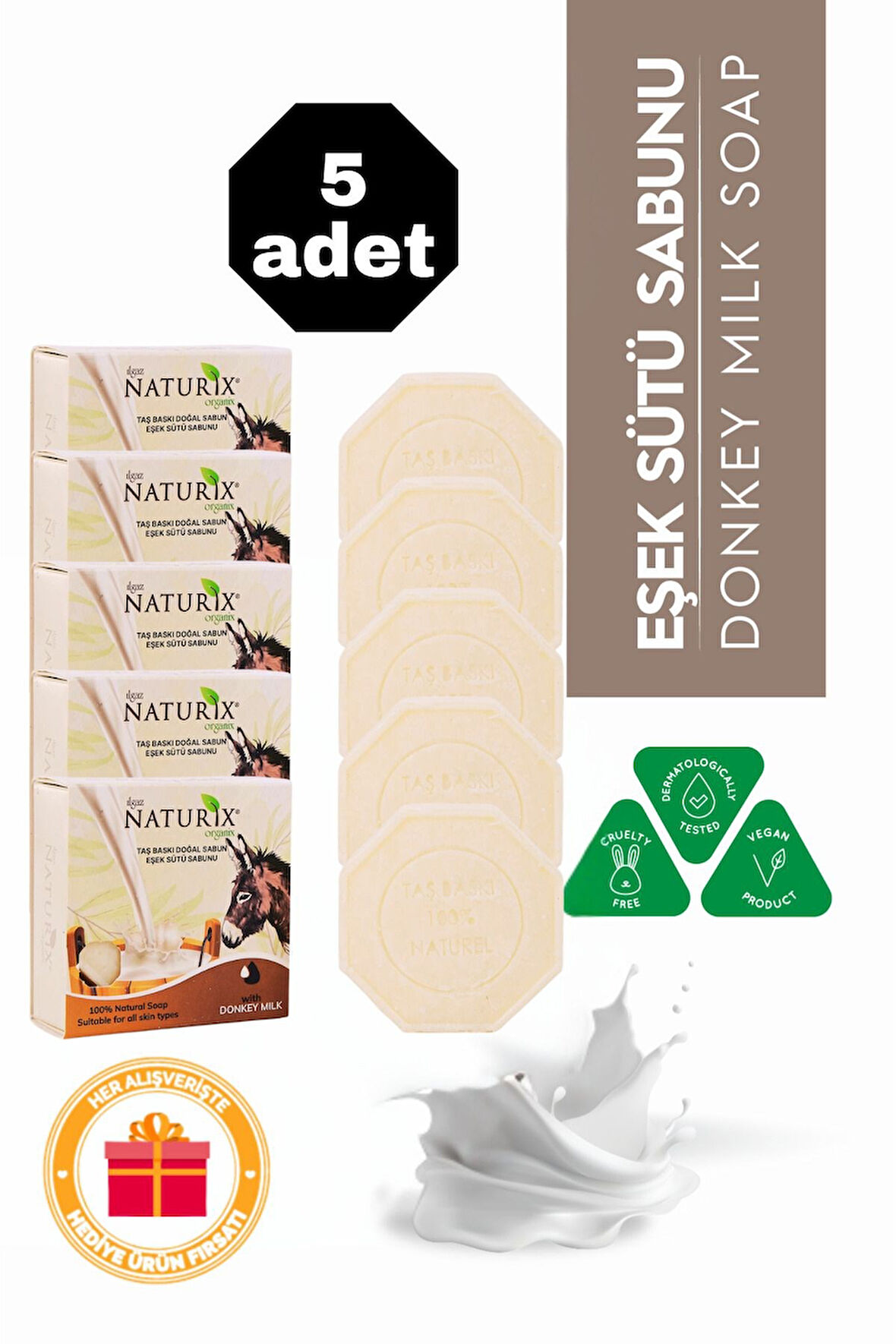 Eşek Sütü Özlü Taş Sabun 5'li Eko Paket Nemlendirici ve Cilt Canlandırıcı Bakım - 5x125 gr