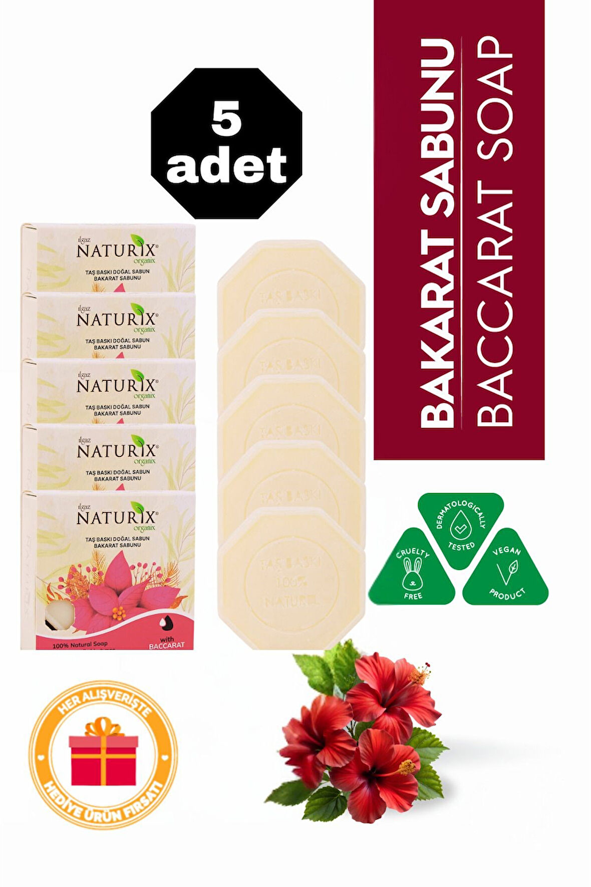 Bakarat Özlü Taş Sabun 5’li Eko Paket Nemlendirici ve Canlandırıcı Cilt Bakımı - 5x125 gr