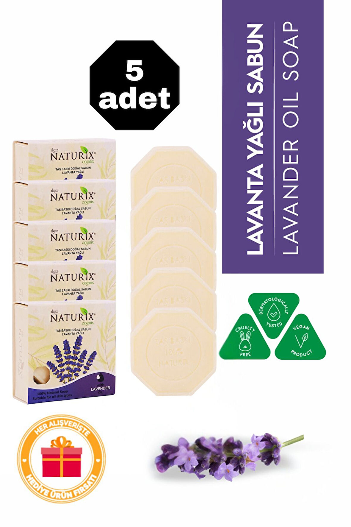 Lavanta Yağlı Taş Sabun 5'li Eko Paket Yağ Dengesi Ve Ferahlatıcı Cilt Bakımı - 5x125 gr