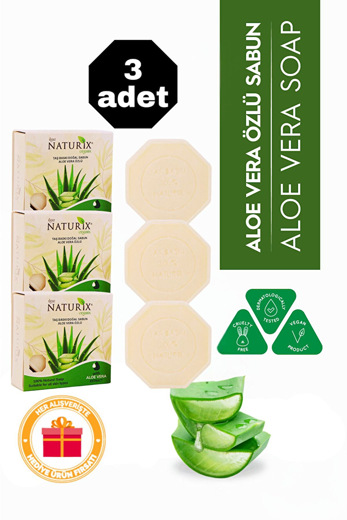 Aloe Vera Özlü Taş Sabun 3'lü Eko Paket Nemlendirici ve Gözenek Destekleyici Bakım - 3X125 gr