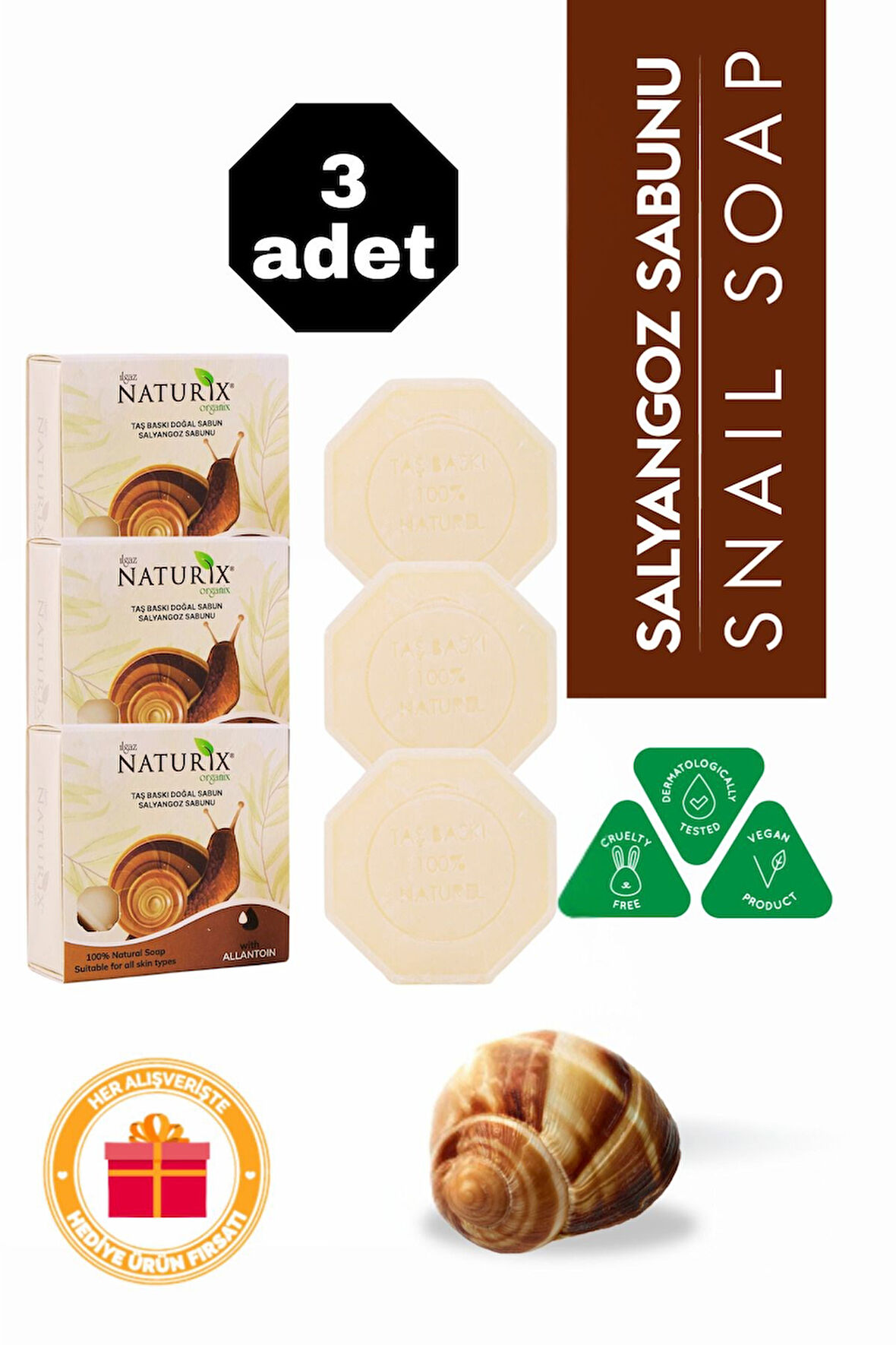 Salyangoz Özlü Taş Sabun 3'lü Eko Paket Yenileyici ve Sebum Dengeleyici Cilt Bakımı - 3x125 gr