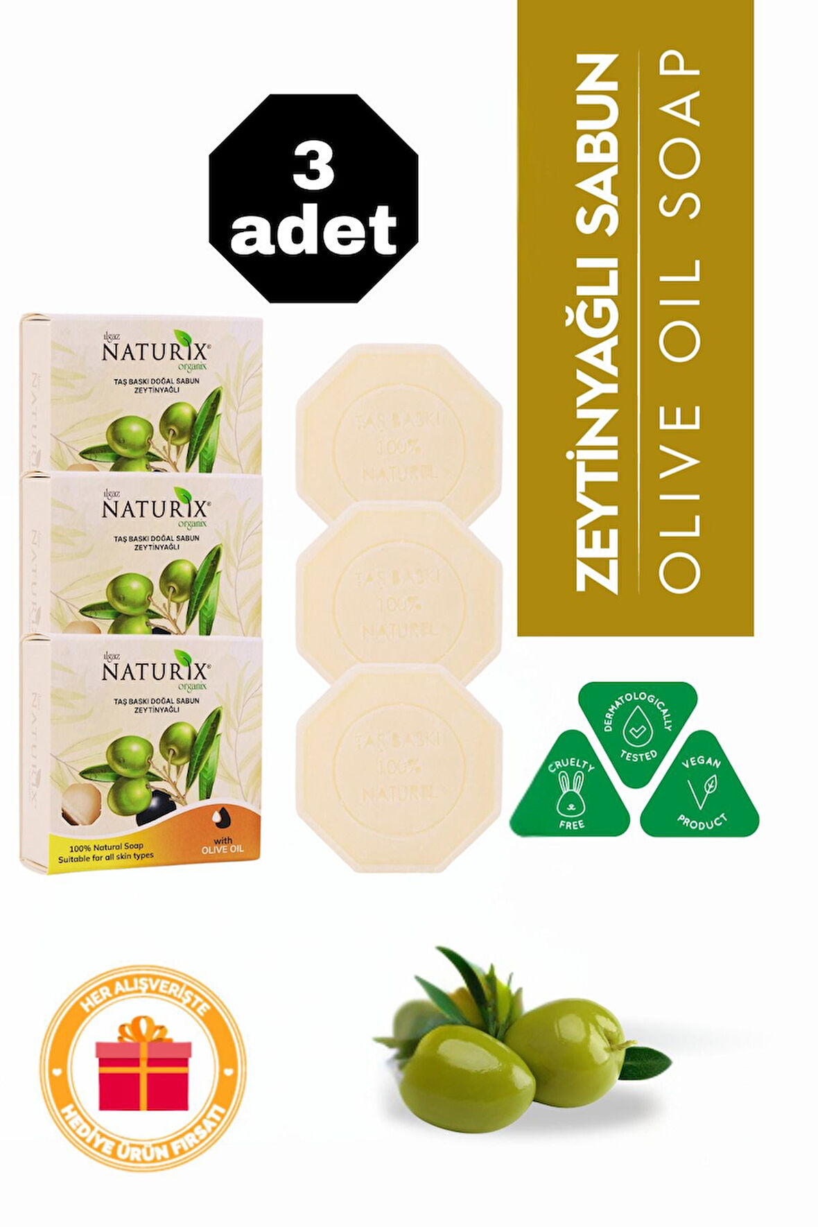 Zeytinyağlı Taş Sabun 3'lü Eko Paket Nemlendirici ve Onarıcı Kuru Cilt Bakımı - 3x125 gr