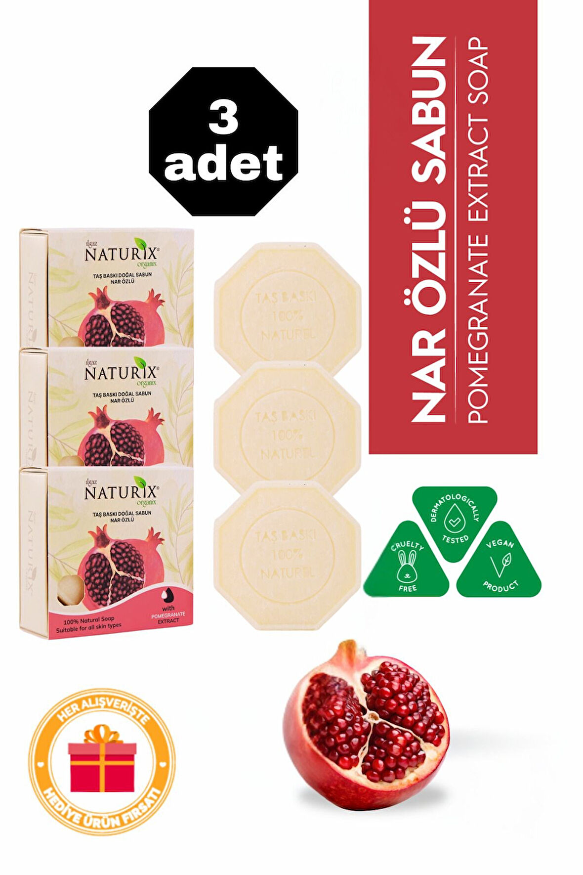 Nar Özlü Taş Sabun 3'lü Eko Paket Cilt Tonu Dengeleyici ve Leke Bakımı - 3x125 gr