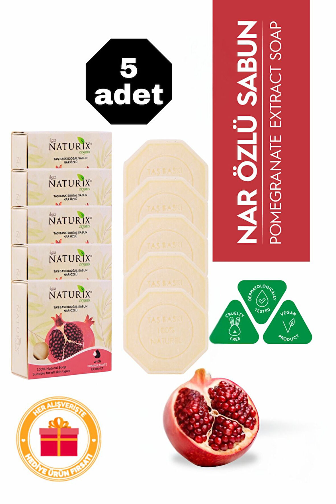 Nar Özlü Taş Sabun 5'li Eko Paket Cilt Tonu Dengeleyici ve Leke Bakımı - 5x125 gr