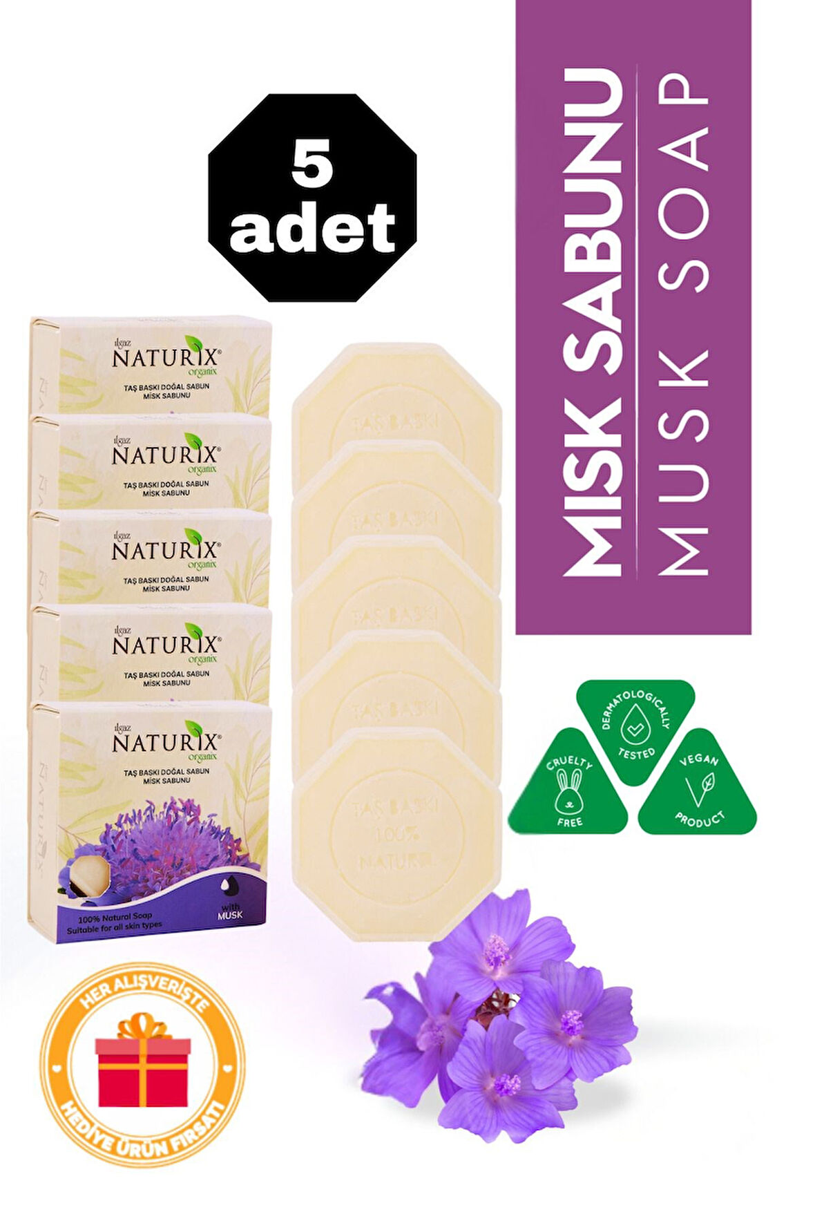 Misk Özlü Taş Sabun 5'li Eko Paket Nemlendirici ve Onarıcı Kuru Cilt Bakımı - 5x125 gr