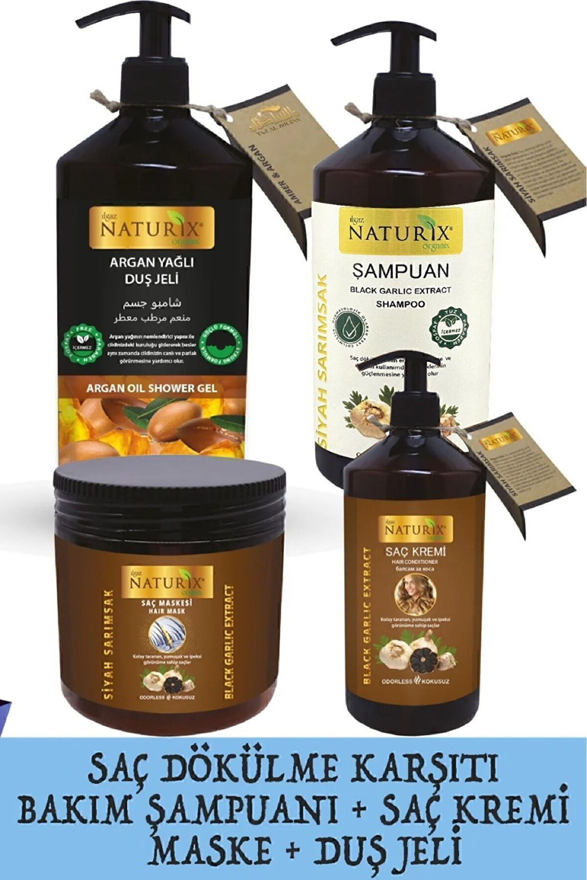 Siyah Sarımsak Şampuan 600 Ml + Saç Kremi 500 Ml + Maske 500 Ml + Argan Duş Jeli 1000 Ml