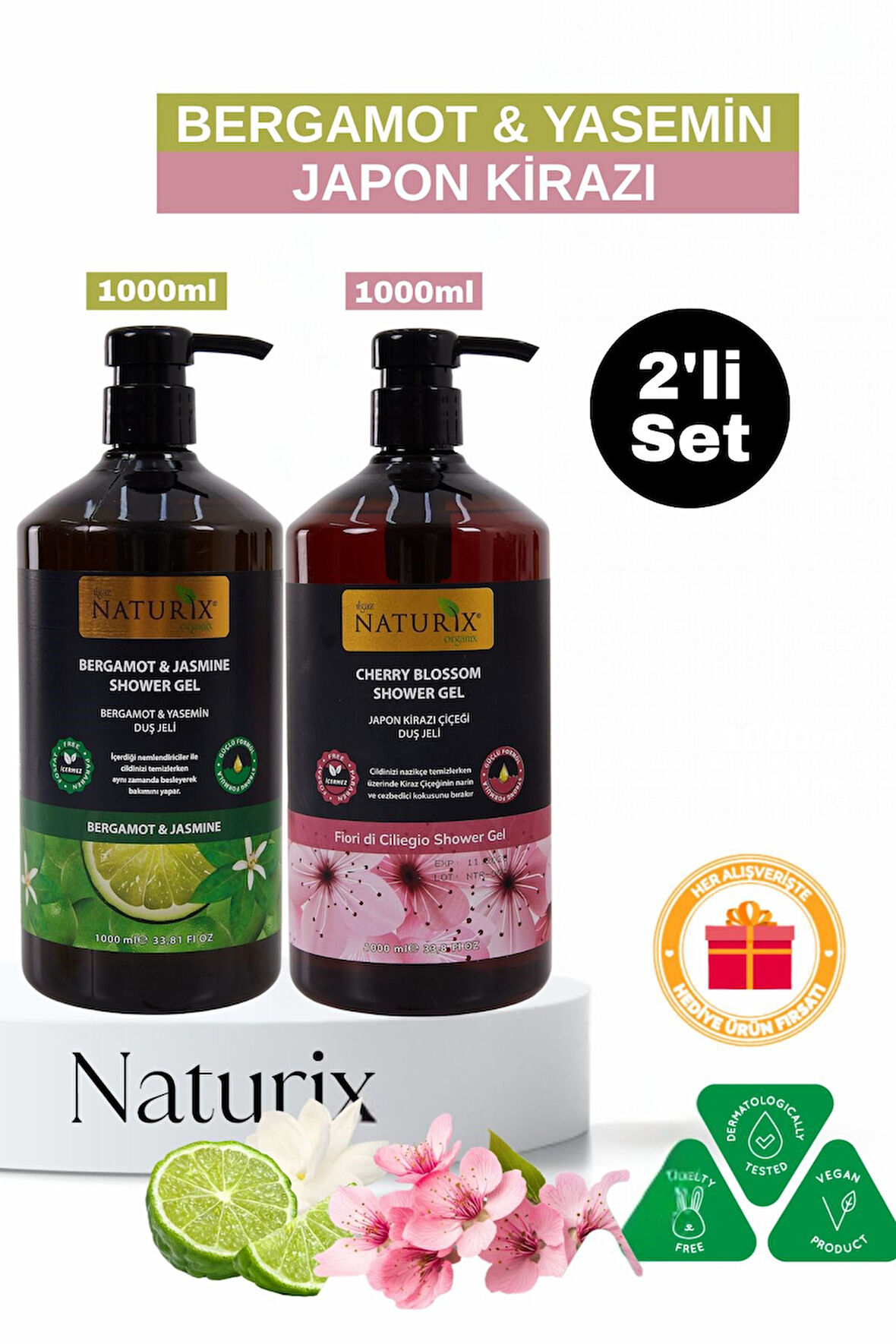 Bergamot Yasemin & Japon Kiraz Çiçeği Duş Jeli 2'li Set Nemlendirici ve Ferahlatıcı Bakım - 2x1000ml