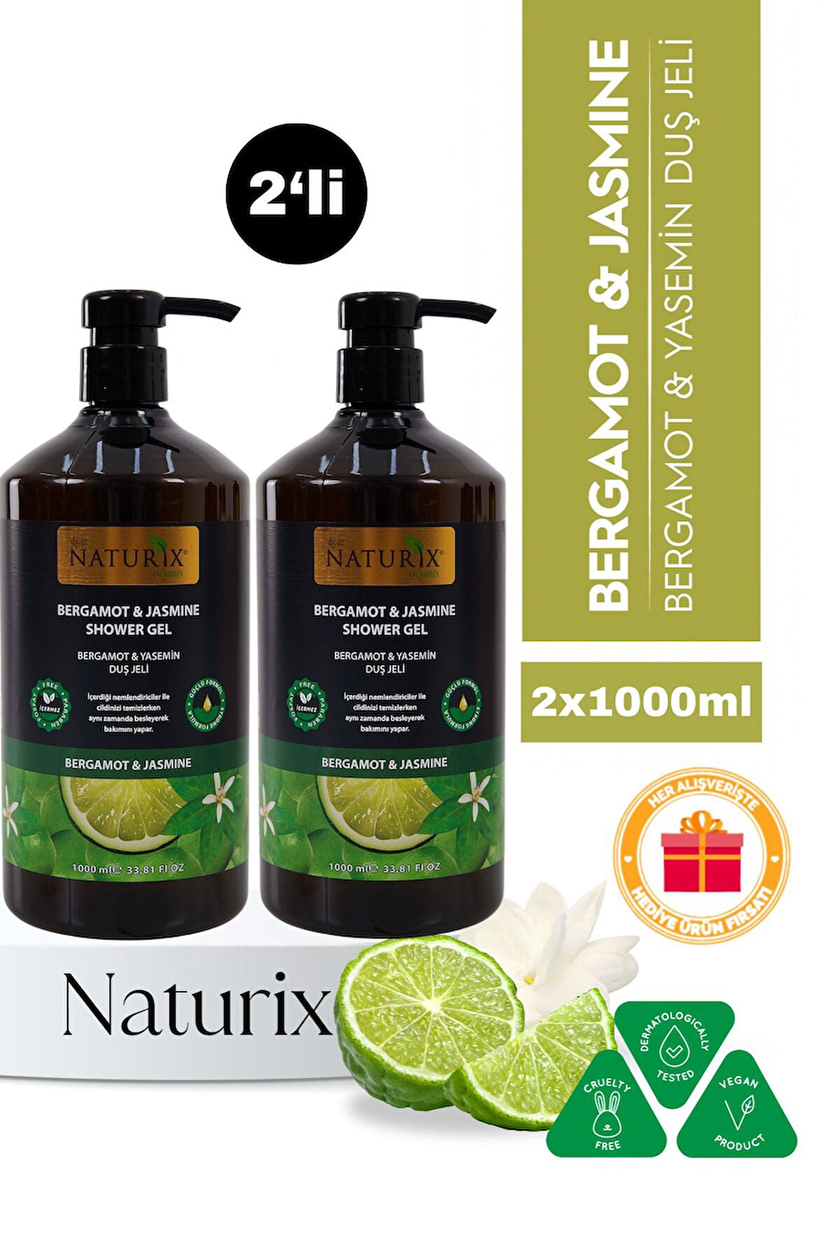 Bergamot & Yasemin Duş Jeli 2'li Eko Paket Ferahlatıcı, Aromatik ve Nemlendirici Duş Jeli - 2x1000ml