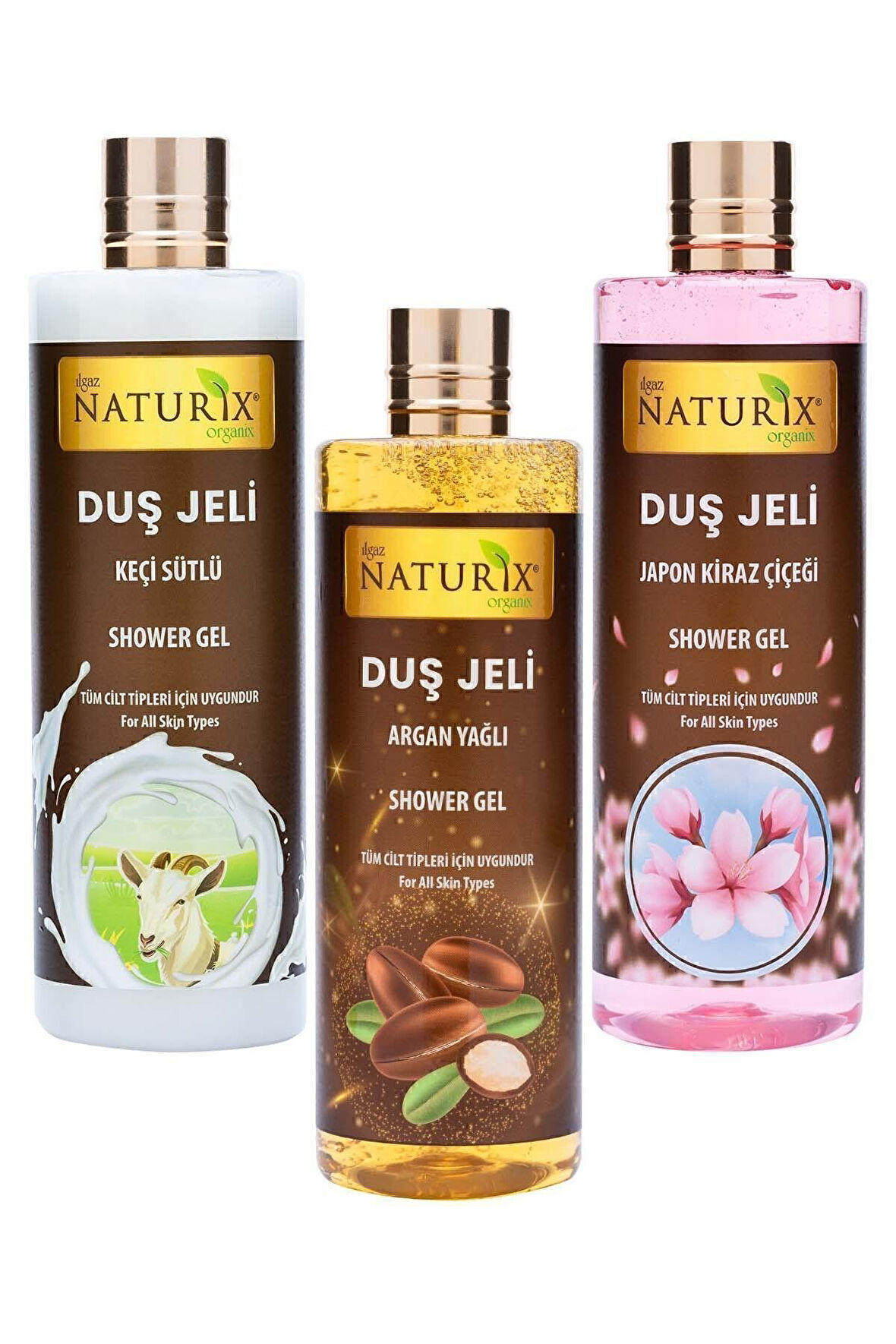 Organik 3'lü Japon Kirazı Duş Jeli 400 Ml + Keçi Sütü Duş Jeli 400 Ml + Argan Yağlı Duş Jeli 400 Ml