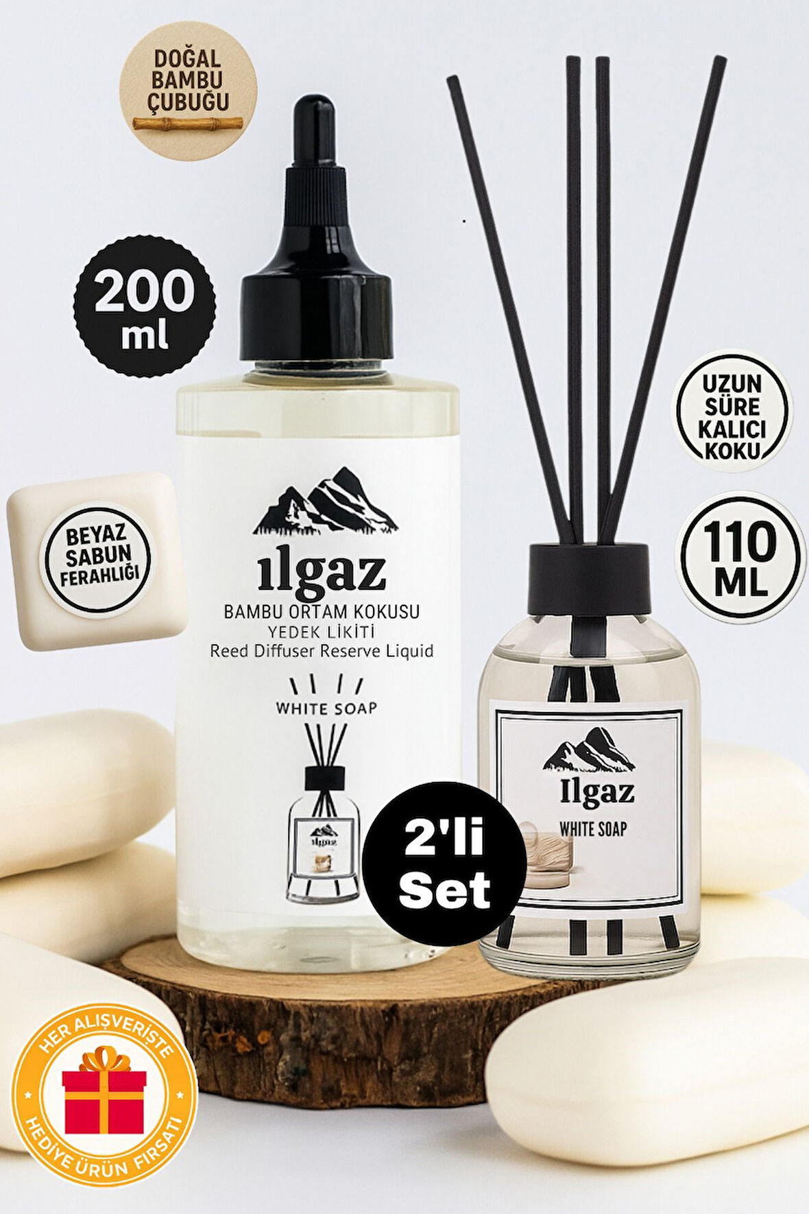 Beyaz Sabun Bambu Çubuklu Oda Kokusu 110 ml & Beyaz Sabun Yedek Likit Şişe 200 ml