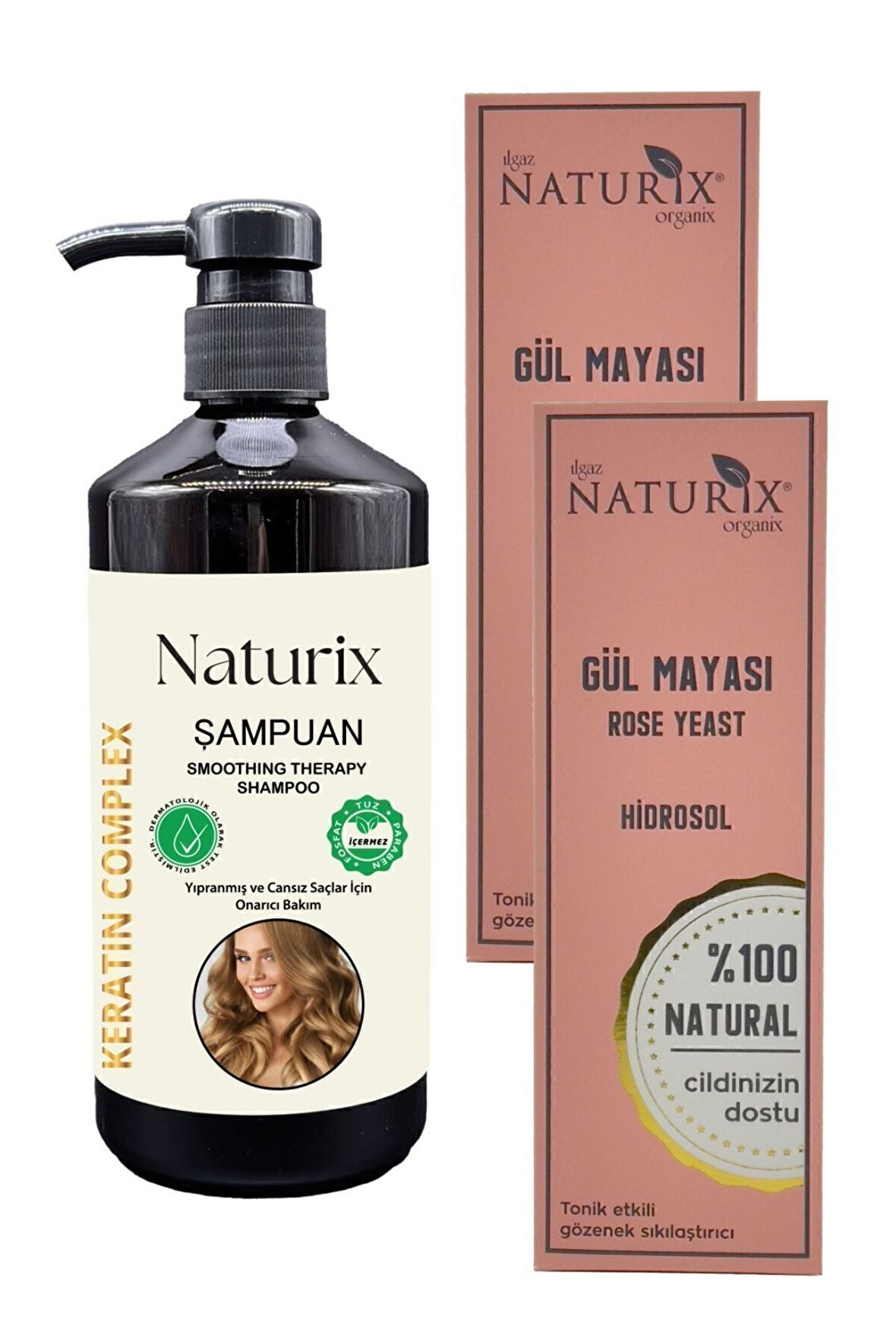 Yavaş Uzayan Saçlar Tuzsuz Şampuan Keratin Şampuanı 600ml + 2 Adet Cilt Temizleyici Gül Mayası 250ml
