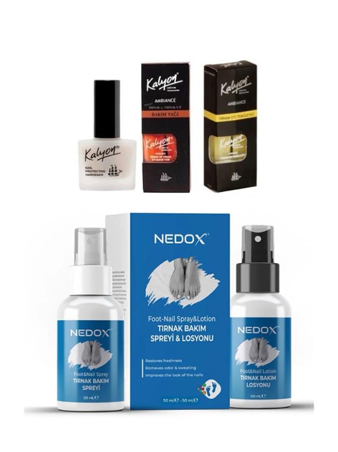 Kalyon Tırnak Sertleştirici+Tırnak Bakım Yağı+Tırnak Eti Temizleyici 3'lü Set + Nedox Tırnak Bakım Spreyi Ve Losyonu 50ml+50ml