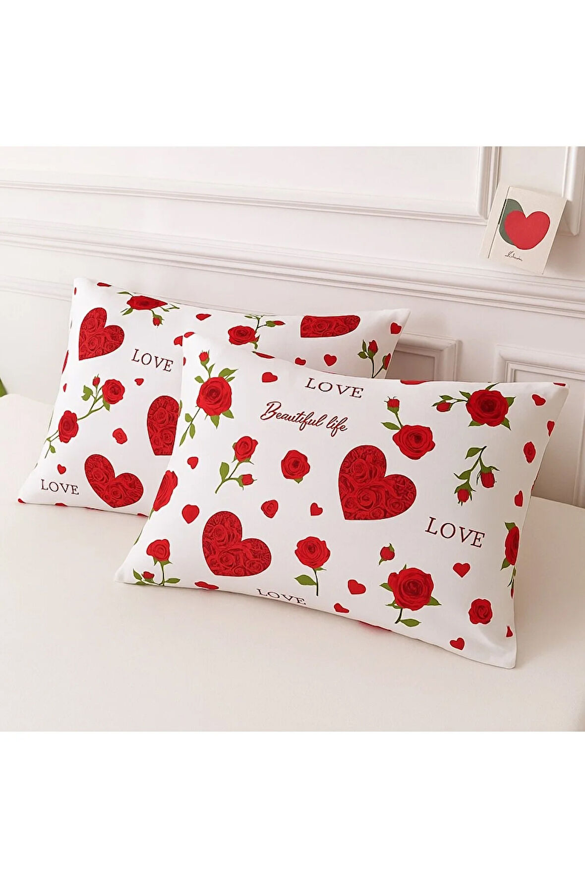 Desenli Pamuklu Kalpli Desen Yastık Kılıfı 2 Adet 50 x 70 cm