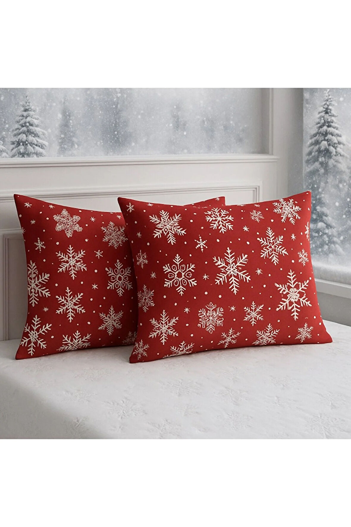 Desenli Pamuklu Yılbaşı Kar Desen Yastık Kılıfı 2 Adet 50 x 70 cm