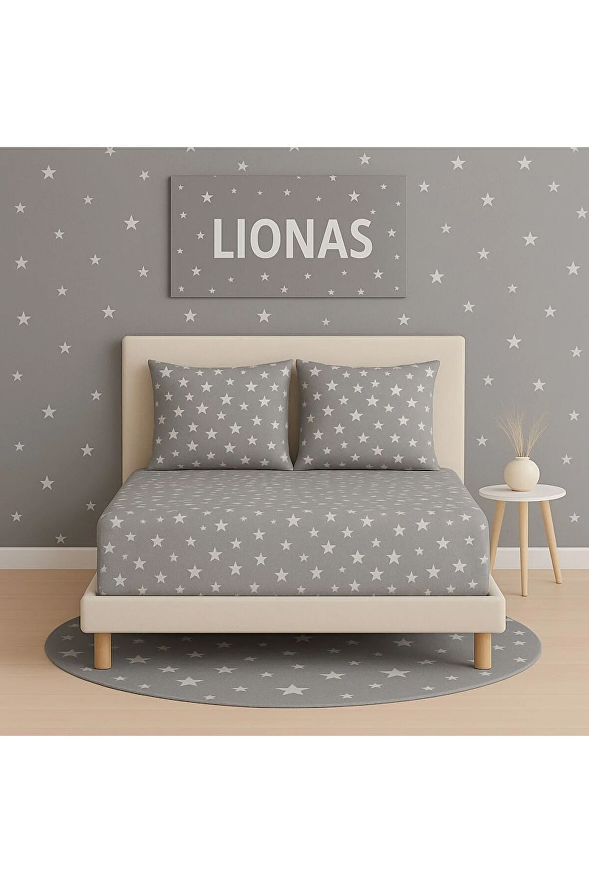 Desenli 160 x 200 cm Çift Kişilik Gri Yıldız Lastikli Çarşaf ve 2 Adet Yastık Kılıfı