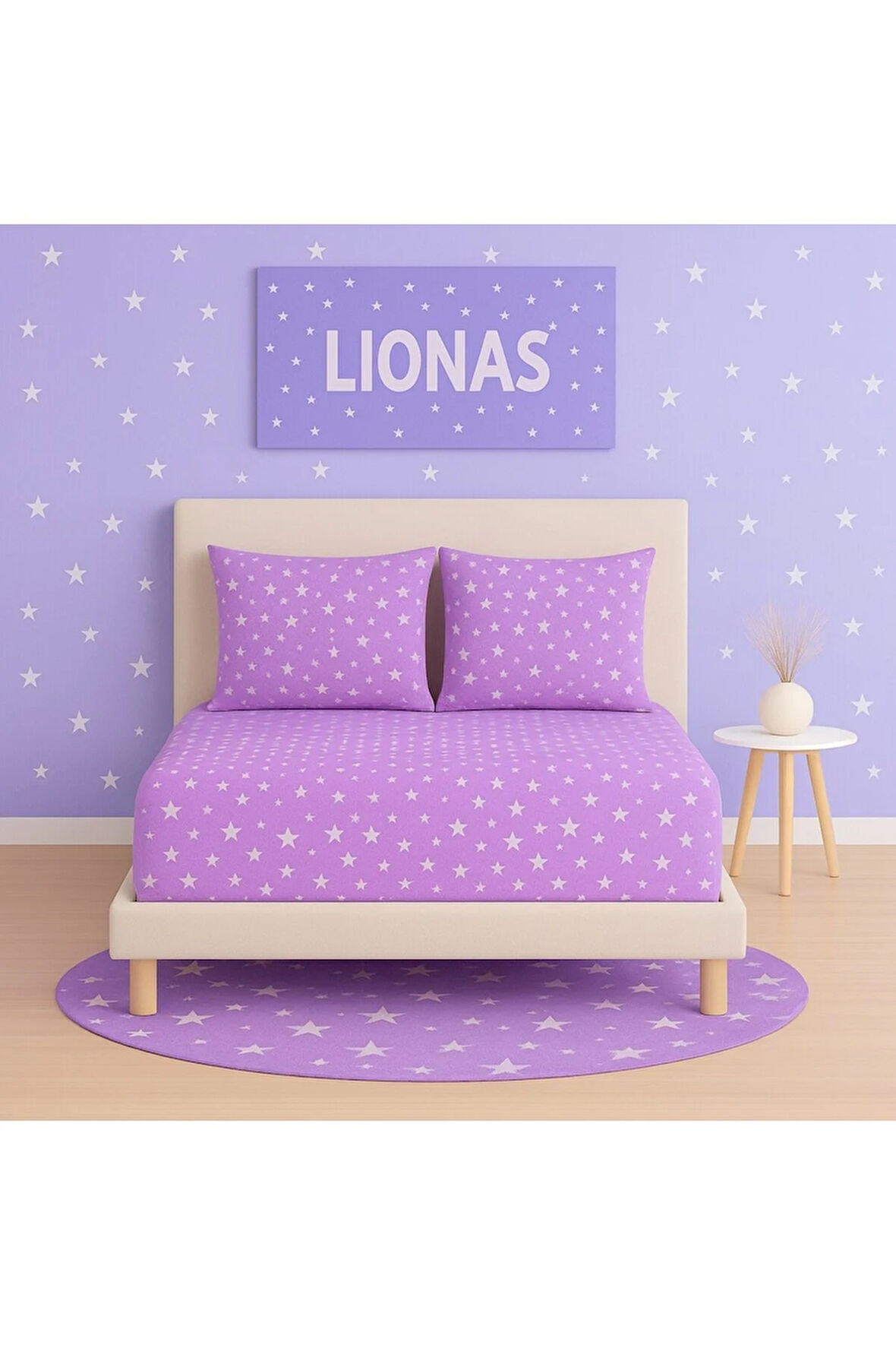 Desenli 160 x 200 cm Çift Kişilik Lila Yıldız Lastikli Çarşaf ve 2 Adet Yastık Kılıfı