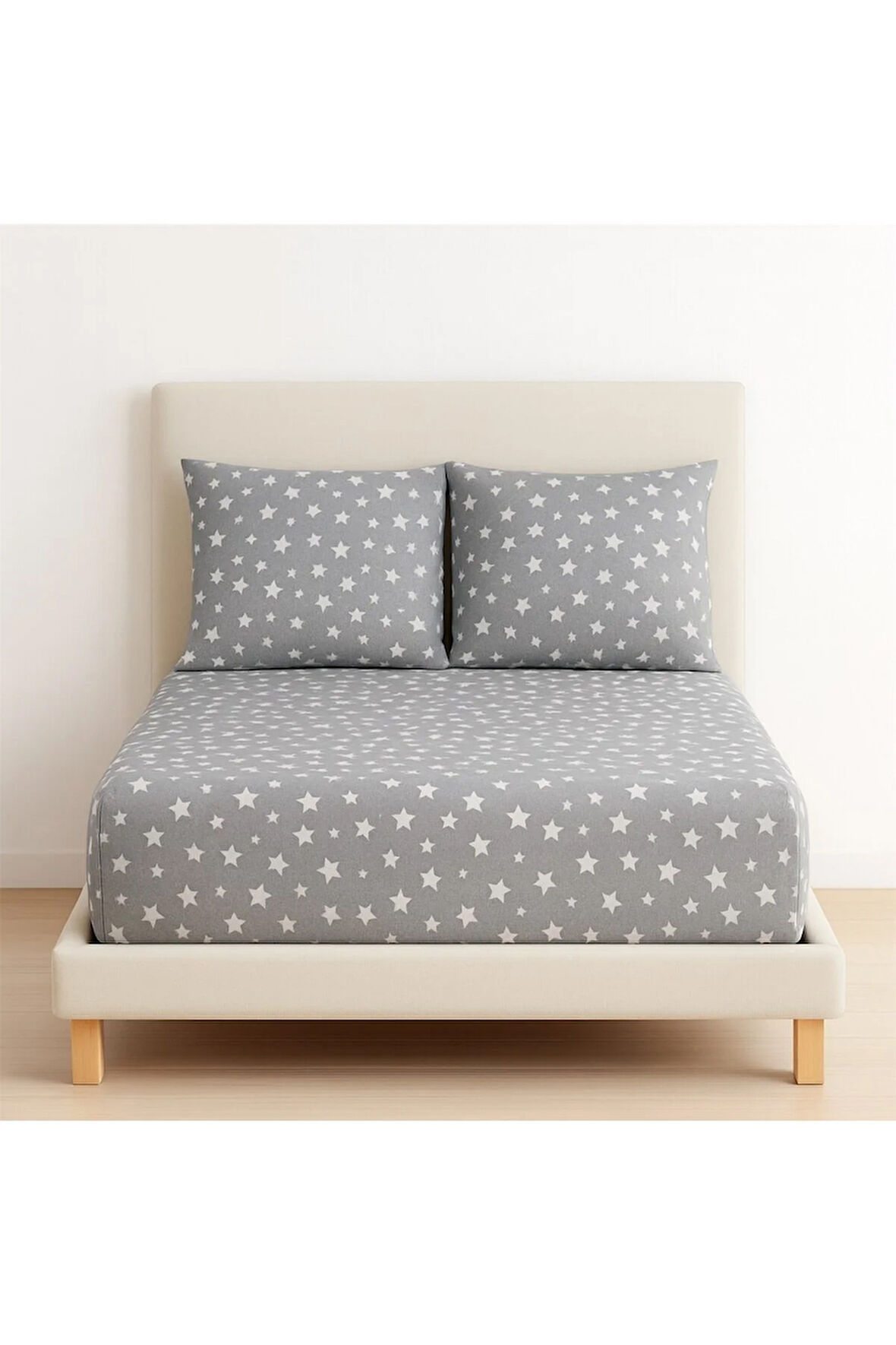 Desenli 180 x 200 cm Battal Boy Gri Yıldız Lastikli Çarşaf ve 2 Adet Yastık Kılıfı