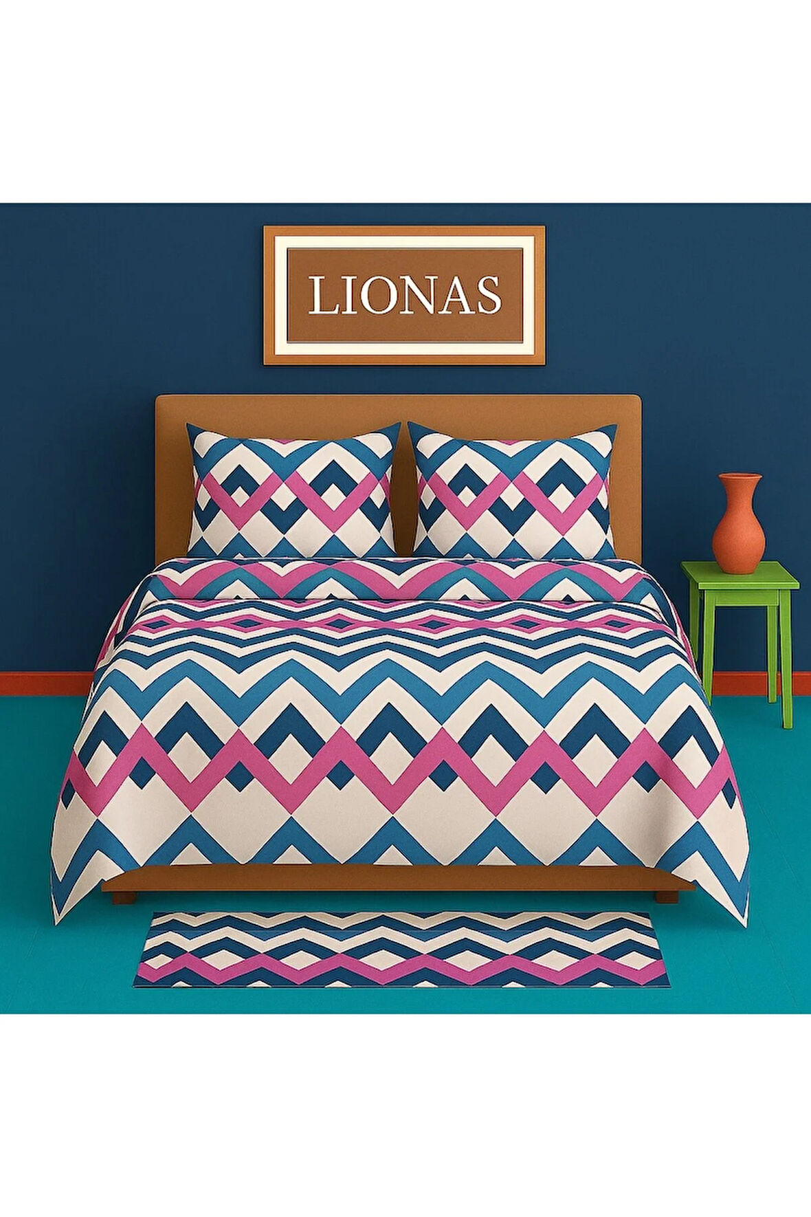 Çift Kişilik Desenli Nevresim + 2 Adet Kapaklı Yastık Kılıfı