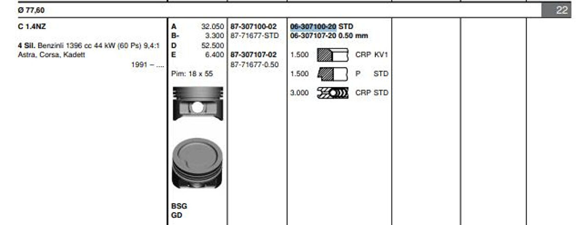 Opel Motor Segmanı Corsa B Astra F (c1,4nz X1,4xe) / (1,4 8v 1,4 16v) (77,60mm) / (std) - Goetze 63071002g