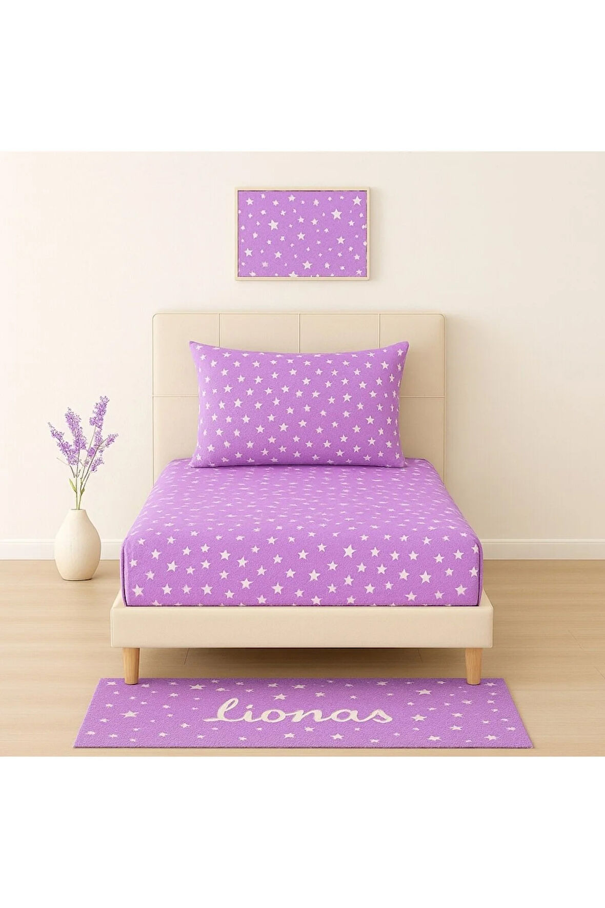 Desenli 90 x 200 cm Lila Yıldız Lastikli Çarşaf ve Yastık Kılıfı