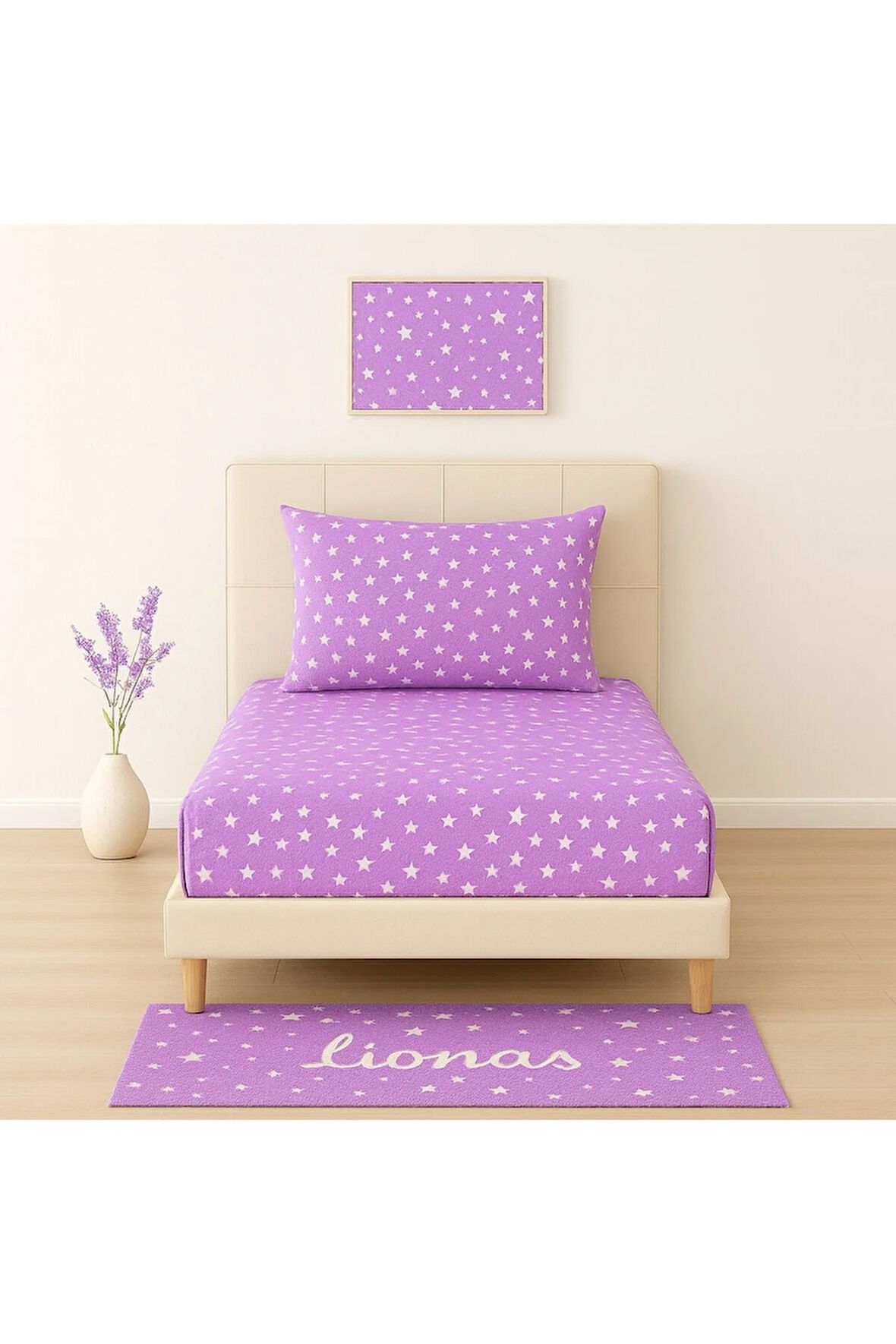 Desenli 100 x 200 cm Tek Kişilik Lila Yıldız Lastikli Çarşaf ve Yastık Kılıfı
