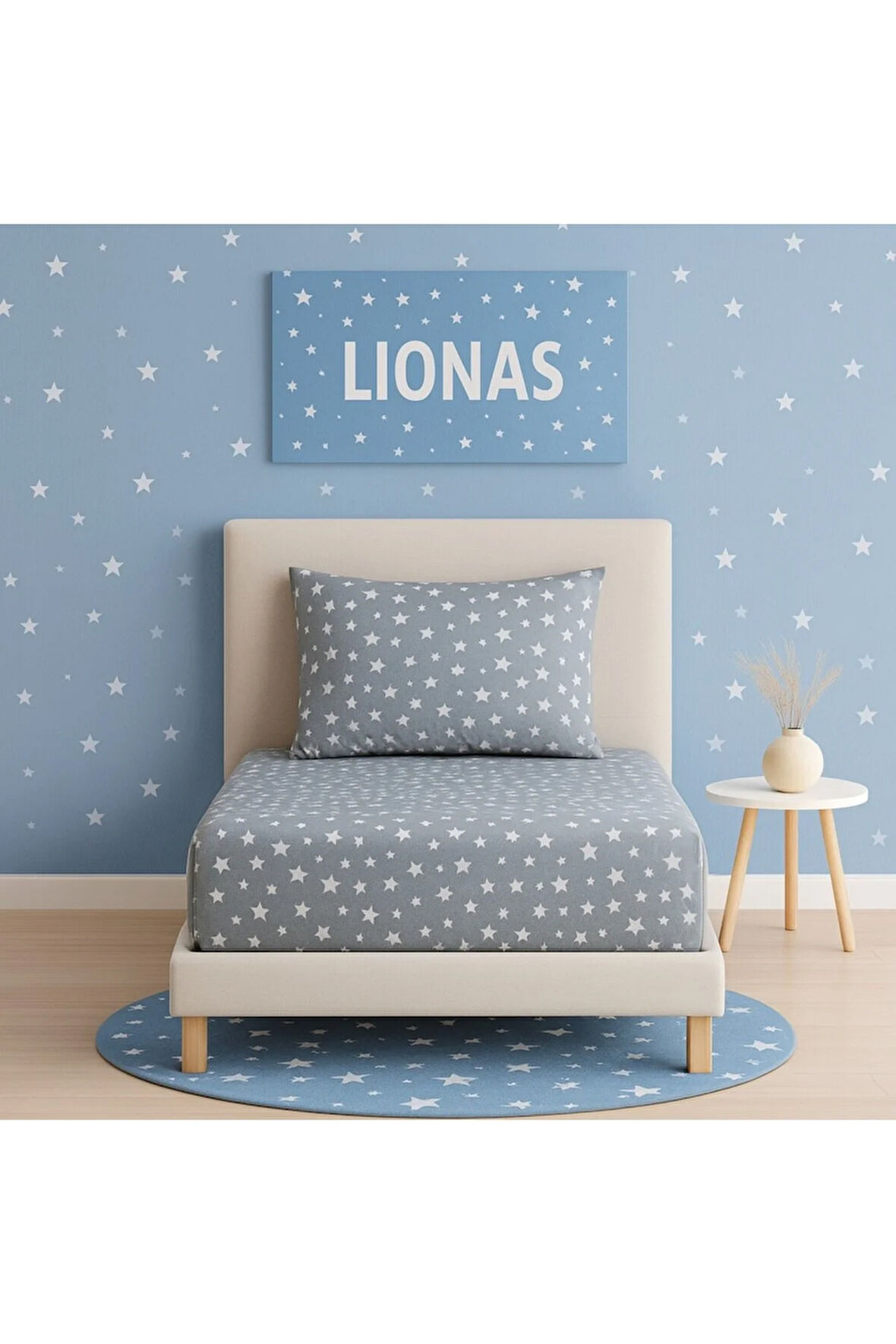 Desenli 120 x 200 cm Ara Ölçü Gri Yıldız Lastikli Çarşaf ve Yastık Kılıfı