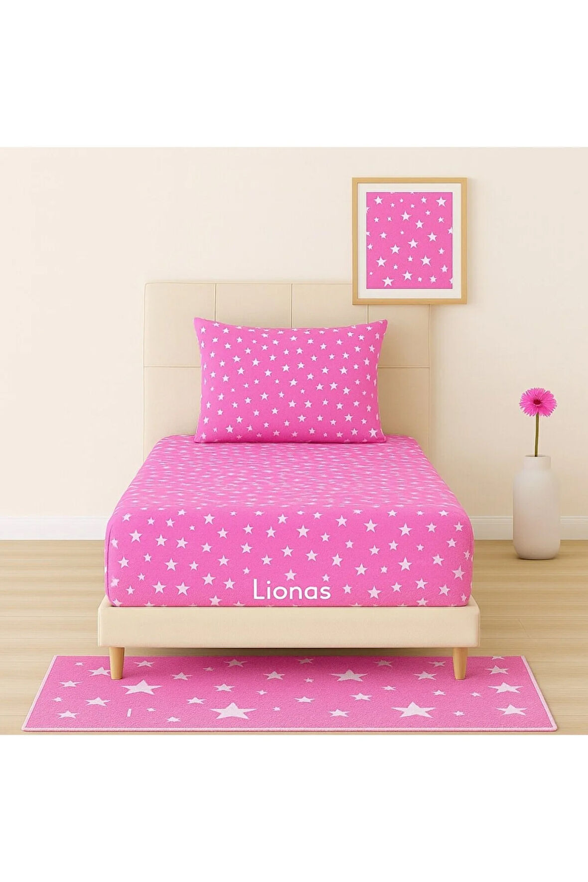 Desenli 120 x 200 cm Ara Ölçü Pembe Yıldız Lastikli Çarşaf ve Yastık Kılıfı