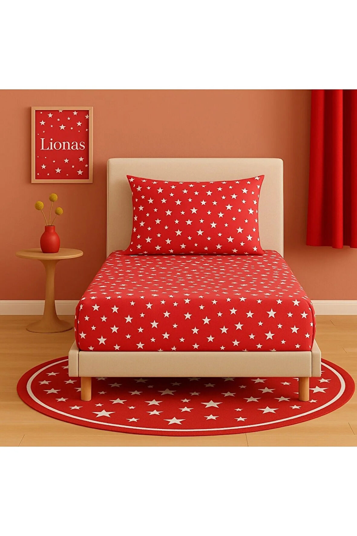 Desenli 90 x 200 cm Kırmızı Yıldız Lastikli Çarşaf ve Yastık Kılıfı
