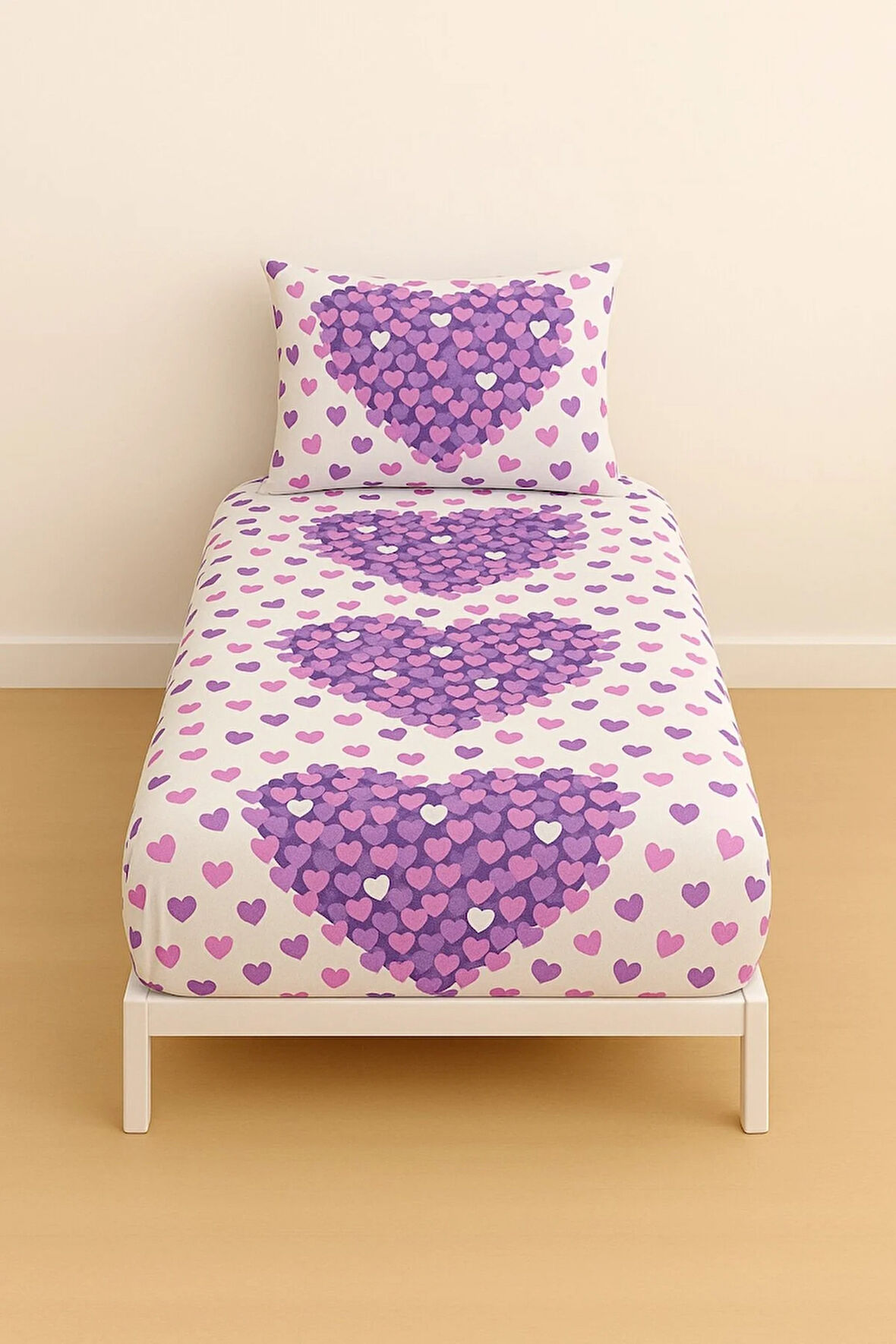 Desenli Tek Kişilik Mor Kalp 90 x 200 cm Lastikli Çarşaf ve Yastık Kılıfı