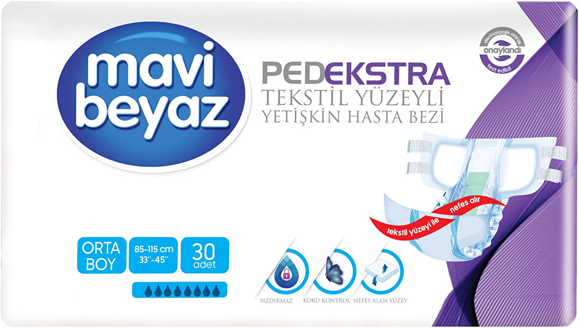 Mavi Beyaz Ped Ekstra Tekstil Yüzeyli Yetişkin Bel Bantlı Hasta Bezi Medium Orta 30 Adet