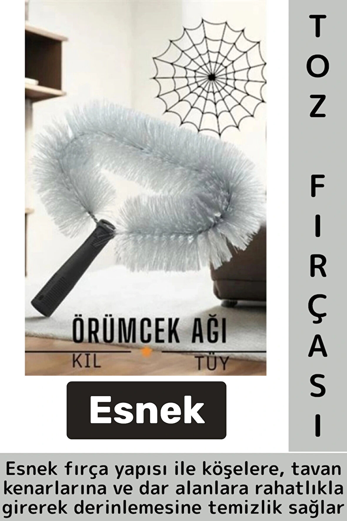 Ergonomik Tutuş Hafif Esnek Zor Nokta Köşe Tavan Lamba Perde Tüy Toz Örümcek Ağı Temizleme Fırçası