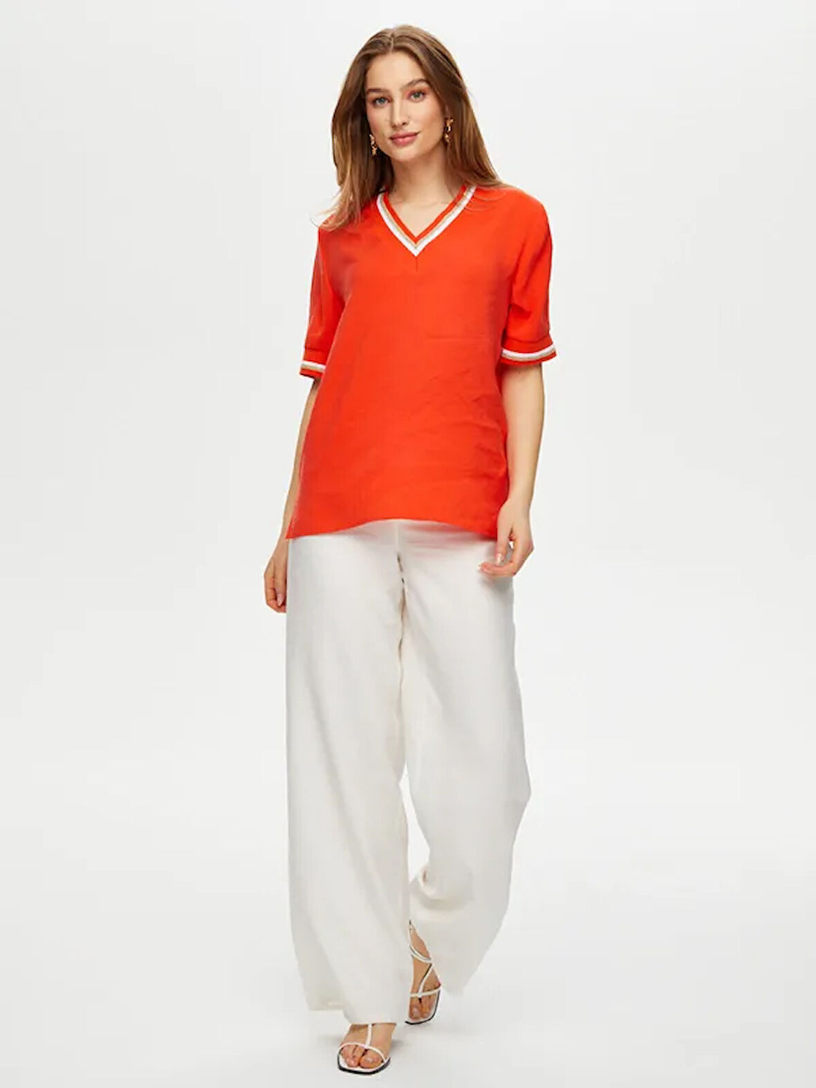 Yakası Ve Kolu Çizgili Triko Detaylı V Yaka Modallı Bluz S25BLZ010