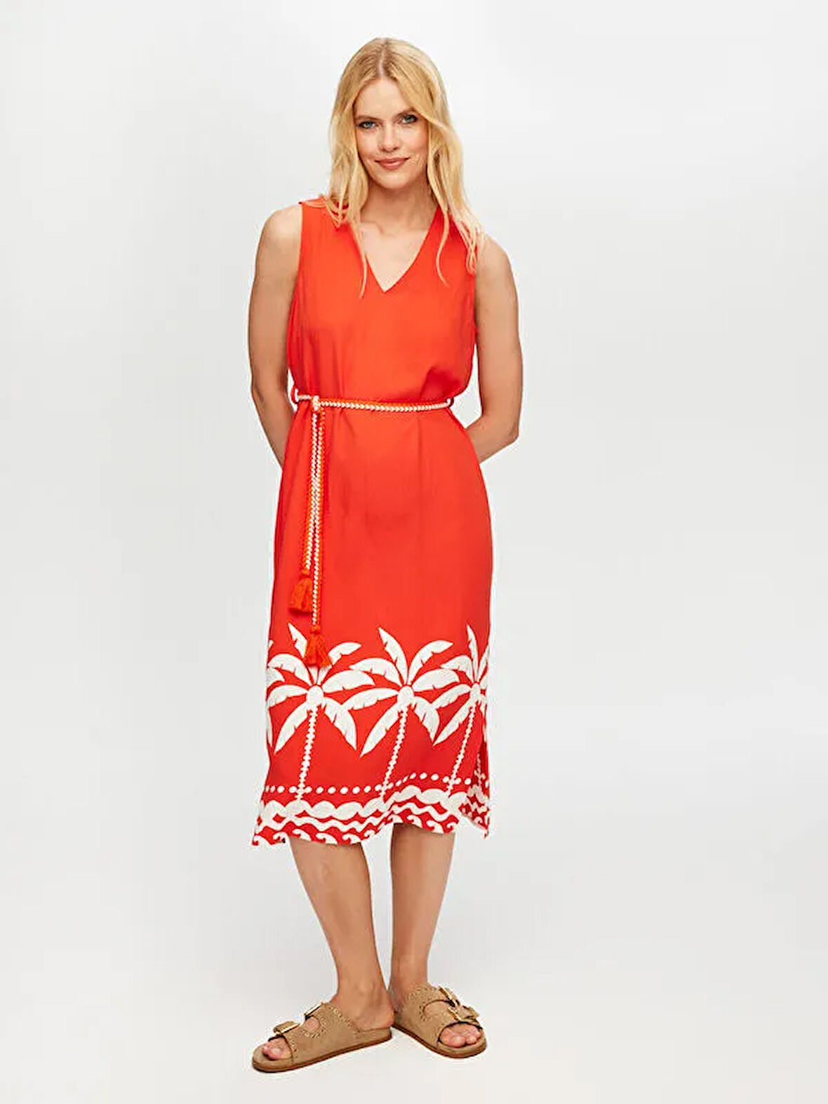 Resort Eteği Palmiye Desen Monochrome Kolsuz Elbise S25ELB046