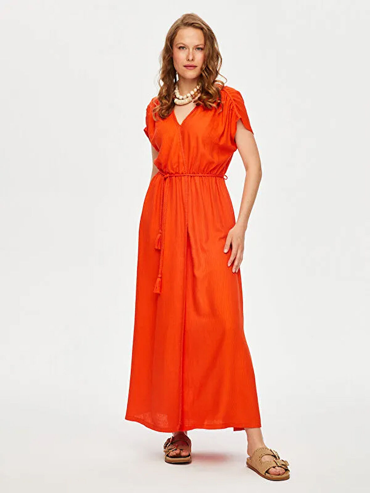 Resort Saç Örgüsü Kordon Detaylı Viskon Keten Kolsuz Elbise S25ELB049