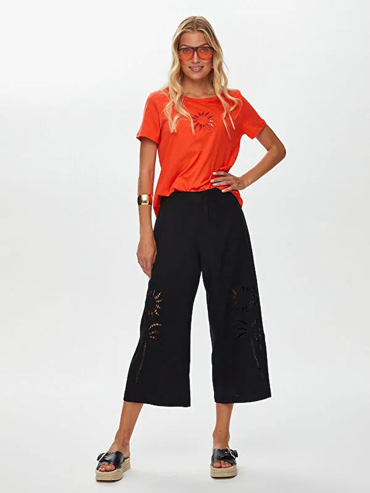 Resort Delik İşi Nakış Detaylı Viskon Keten Wide Leg Fit Pantolon S25PNT046