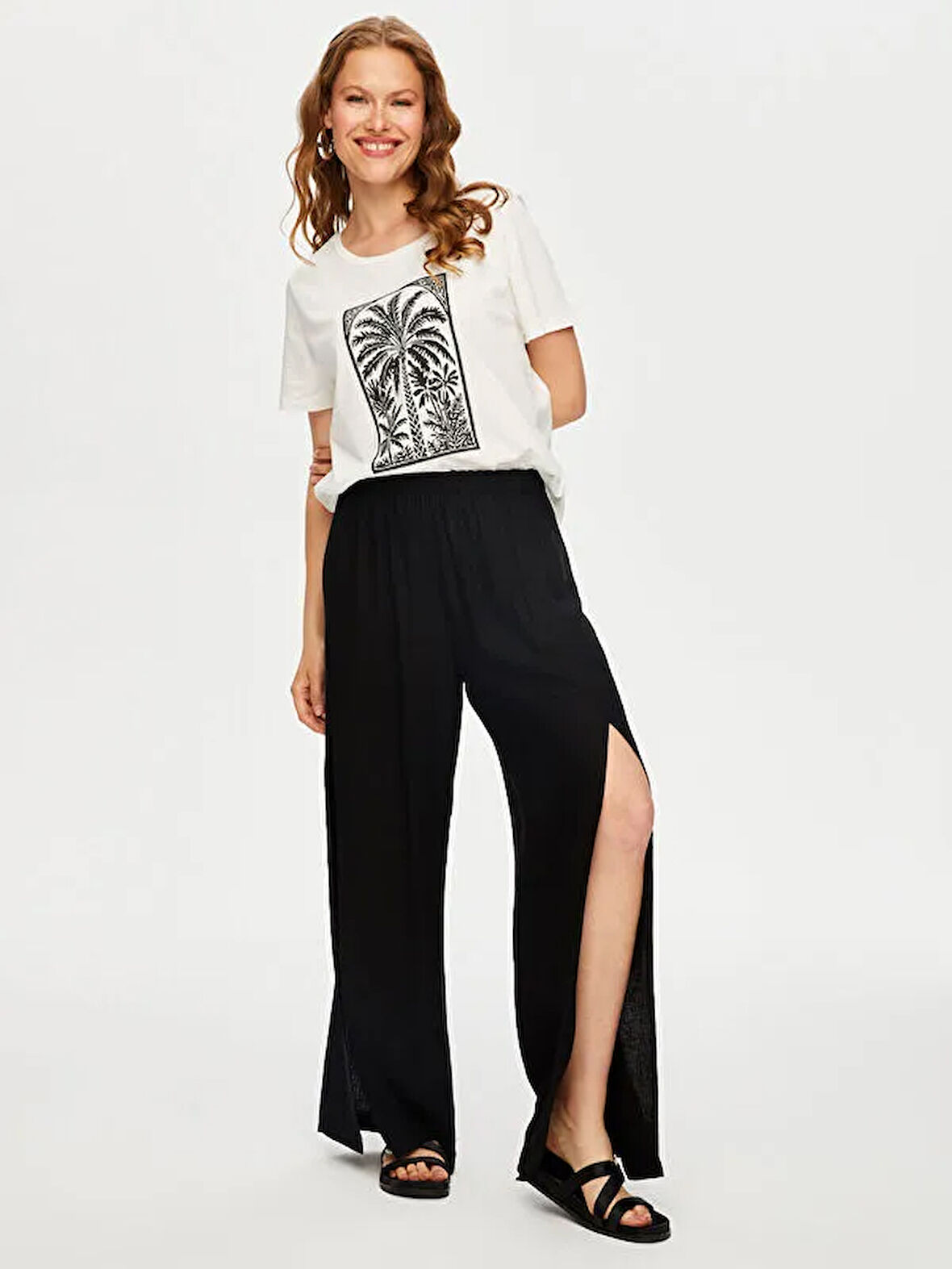 Resort Önü Yırtmaç Detaylı Viskon Keten Wide Leg Fit Pantolon S25PNT047